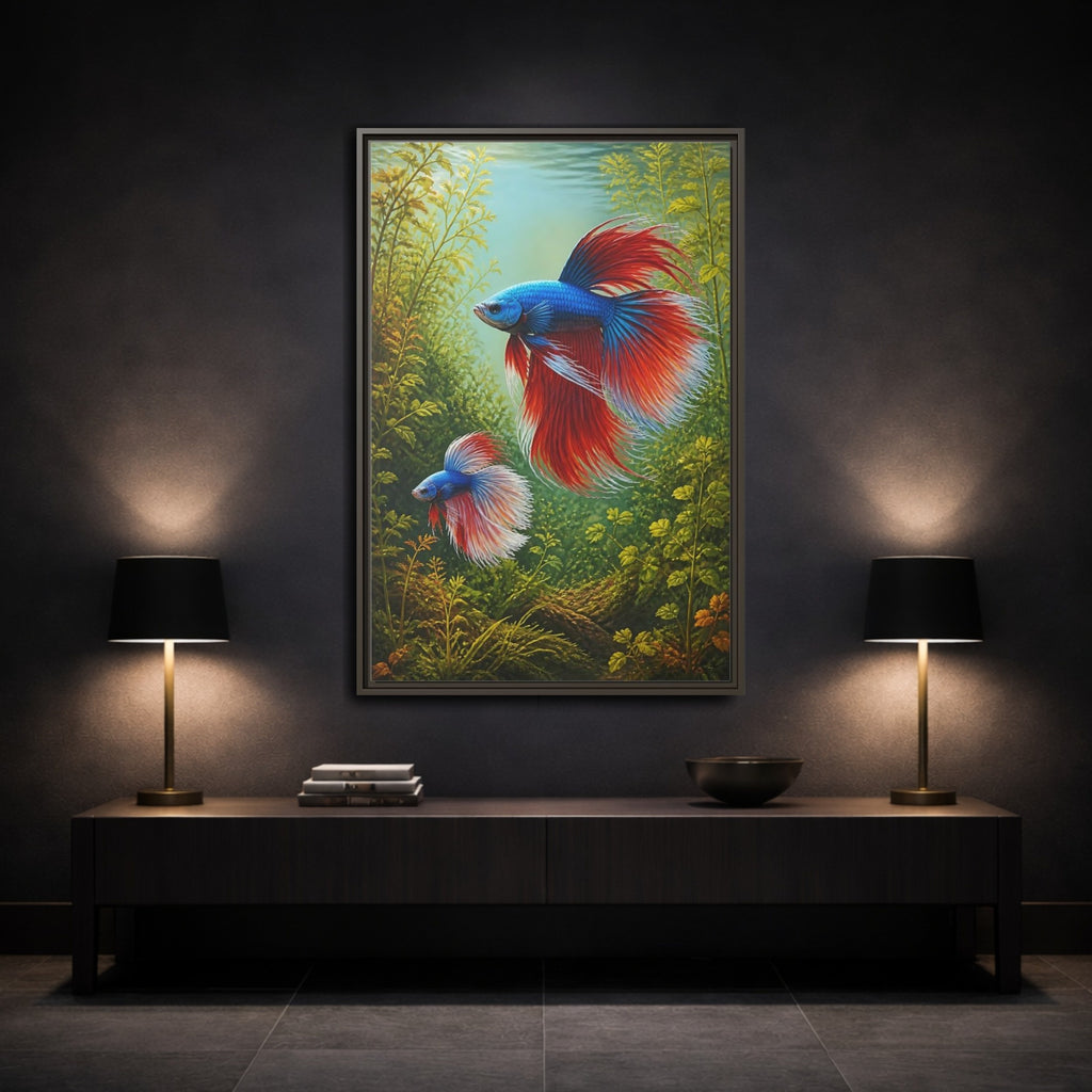 Mockup 3. Nature Betta Fish Vibrant Betta Fish shown as stretched canvas wall art