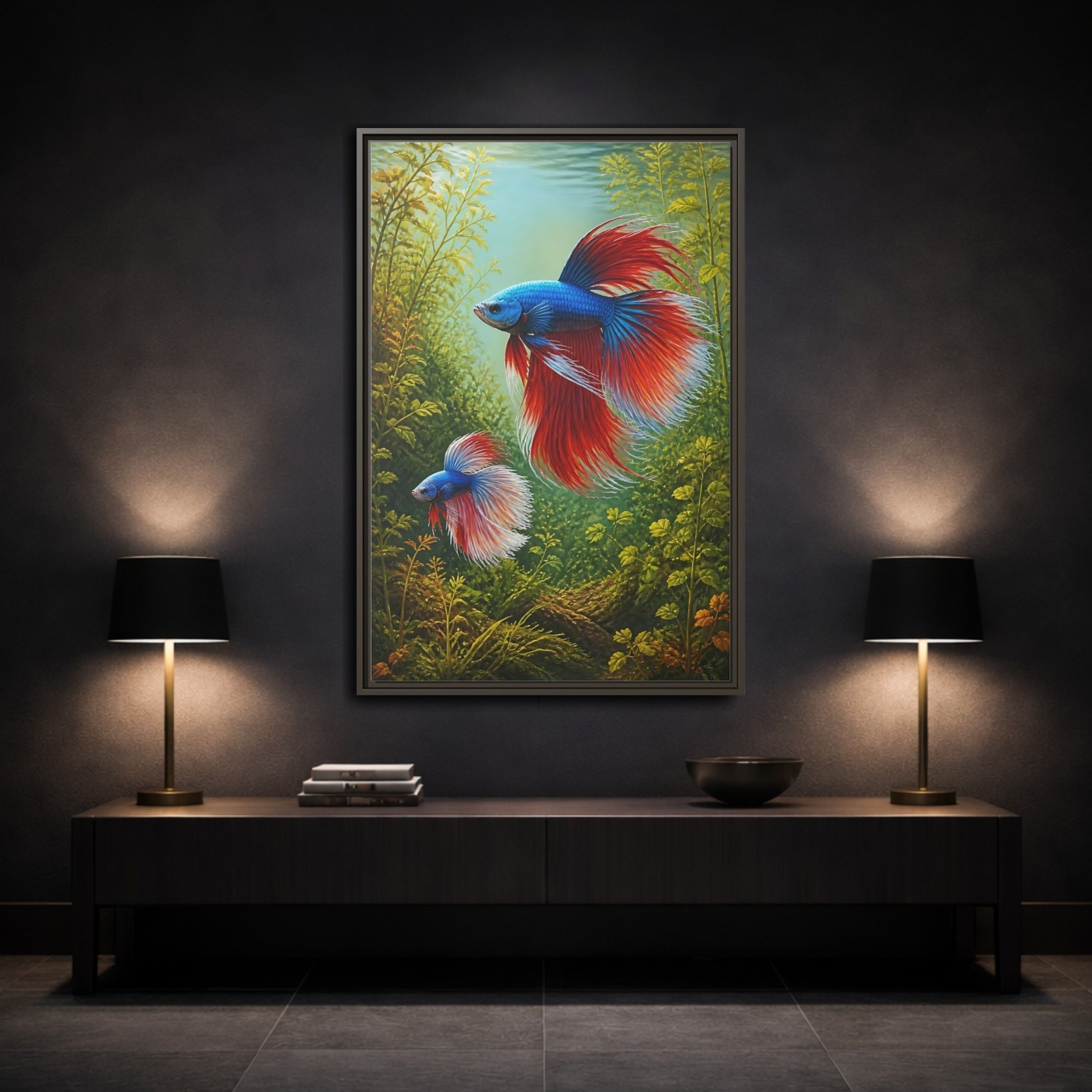 Mockup 3. Nature Betta Fish Vibrant Betta Fish shown as stretched canvas wall art