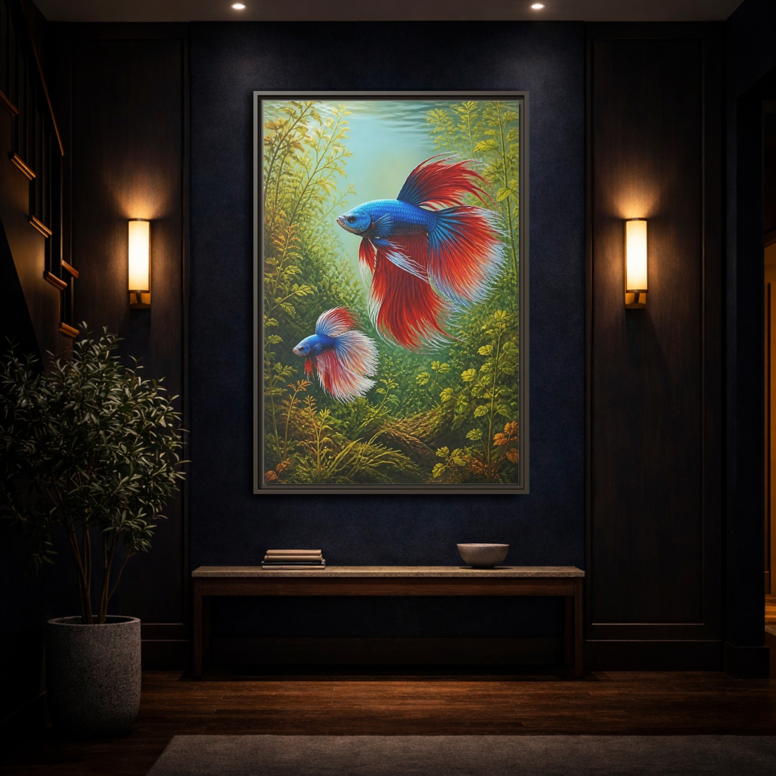 Mockup 4. Nature Betta Fish Vibrant Betta Fish shown as stretched canvas wall art