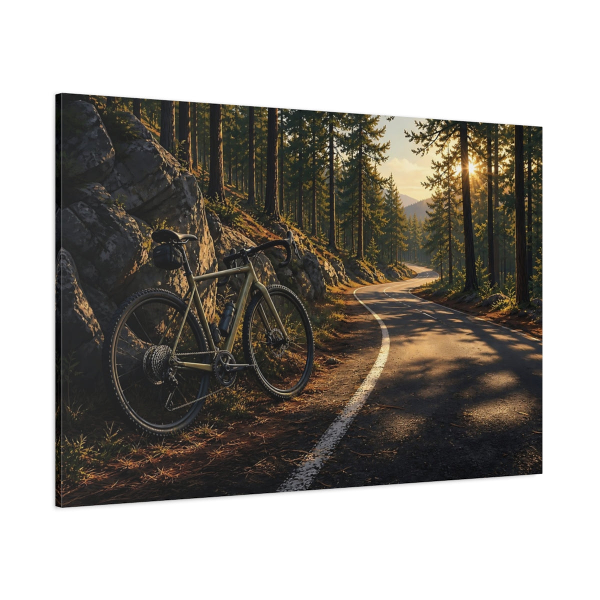 Side Mockup 1. Nature Bicycle Forest Road Bike shown as canvas print