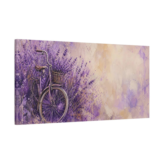 Main Mockup. Nature Bicycle Purple Lavender Bike shown as stretched canvas wall art