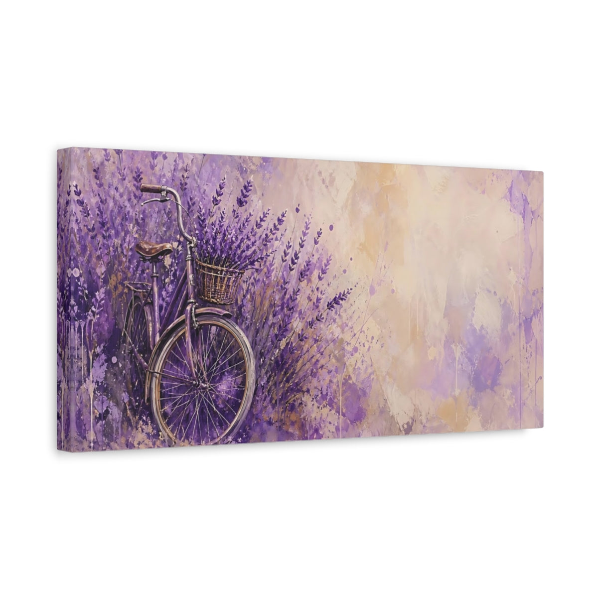 Side Mockup 3. Nature Bicycle Purple Lavender Bike shown as stretched canvas wall art
