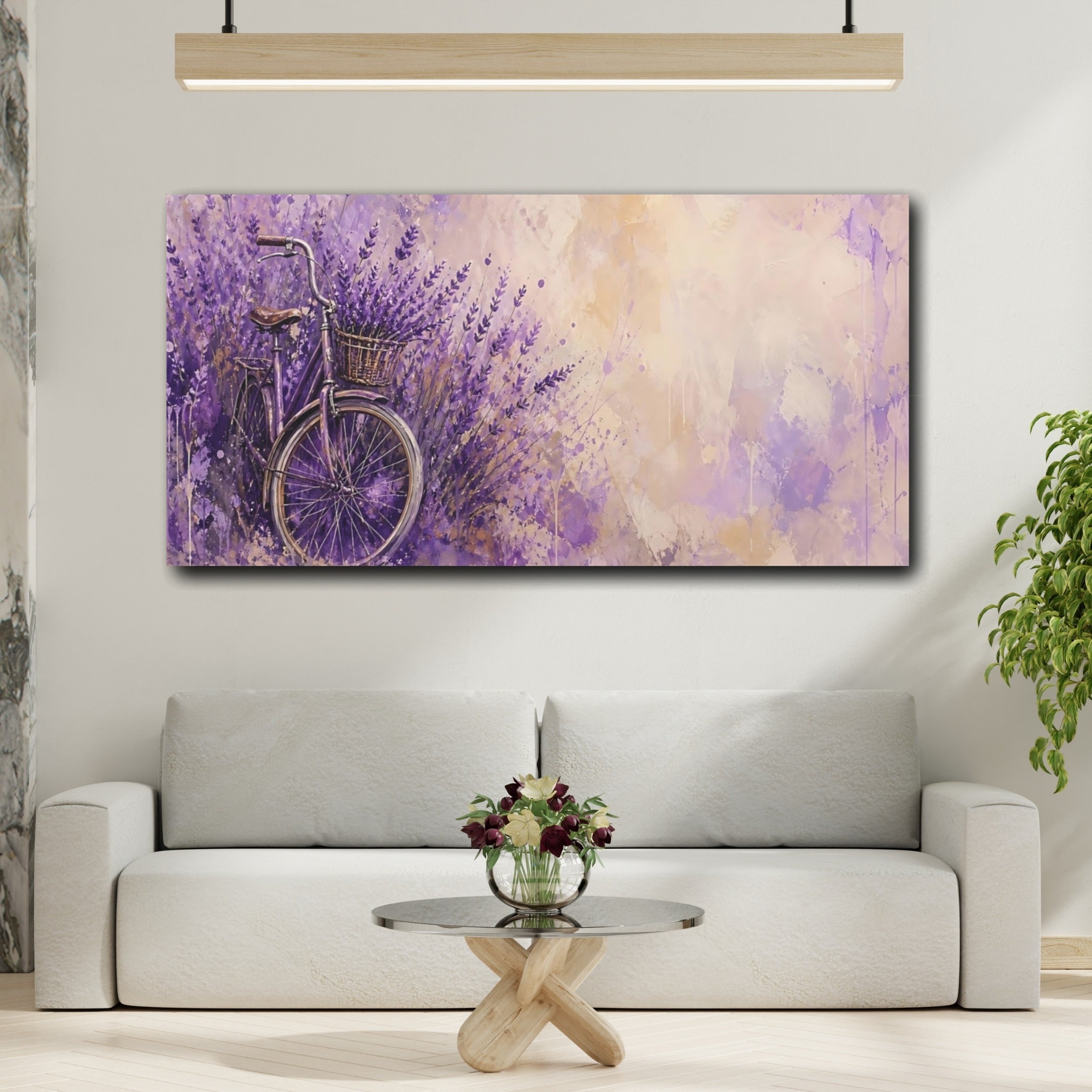 Mockup 2. Nature Bicycle Purple Lavender Bike shown as stretched canvas wall art