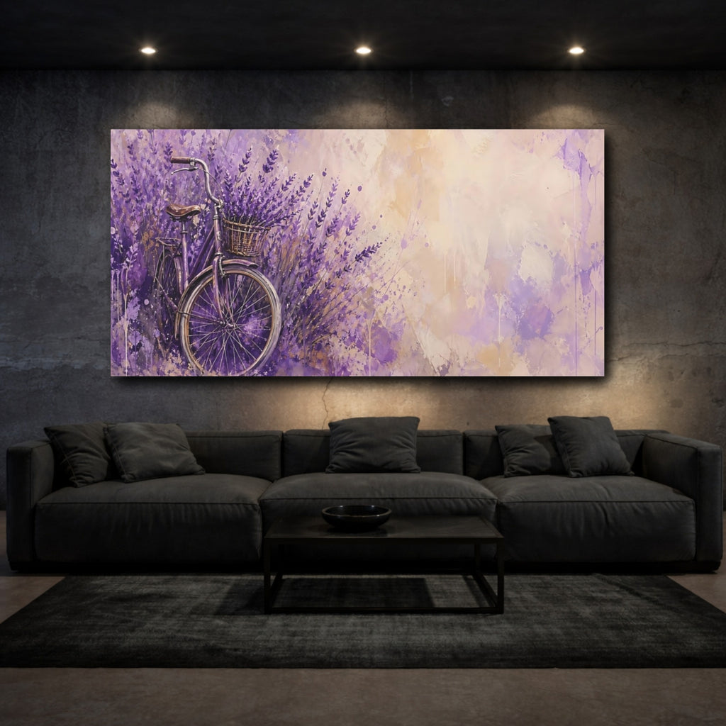 Mockup 3. Nature Bicycle Purple Lavender Bike shown as stretched canvas wall art