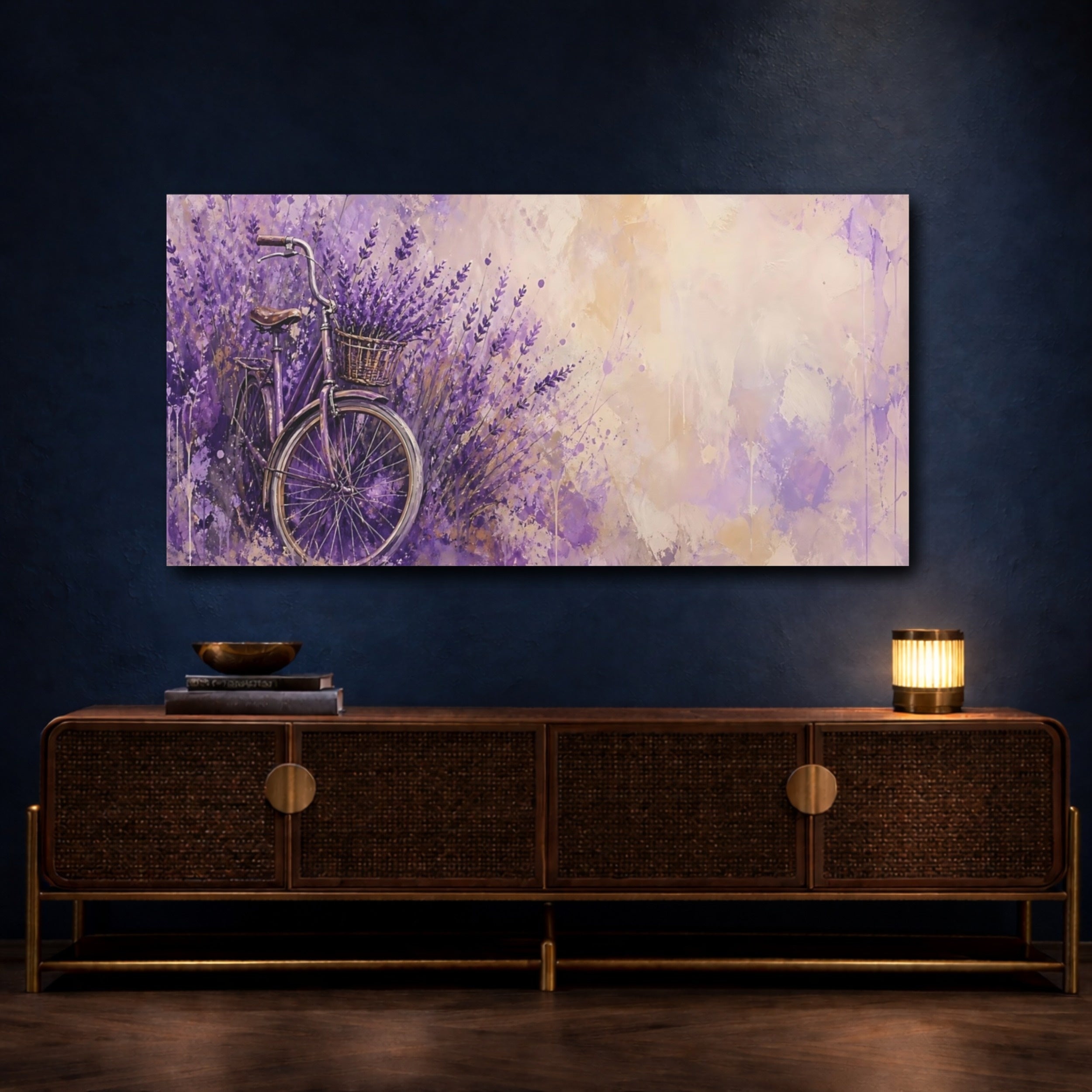 Mockup 4. Nature Bicycle Purple Lavender Bike shown as stretched canvas wall art
