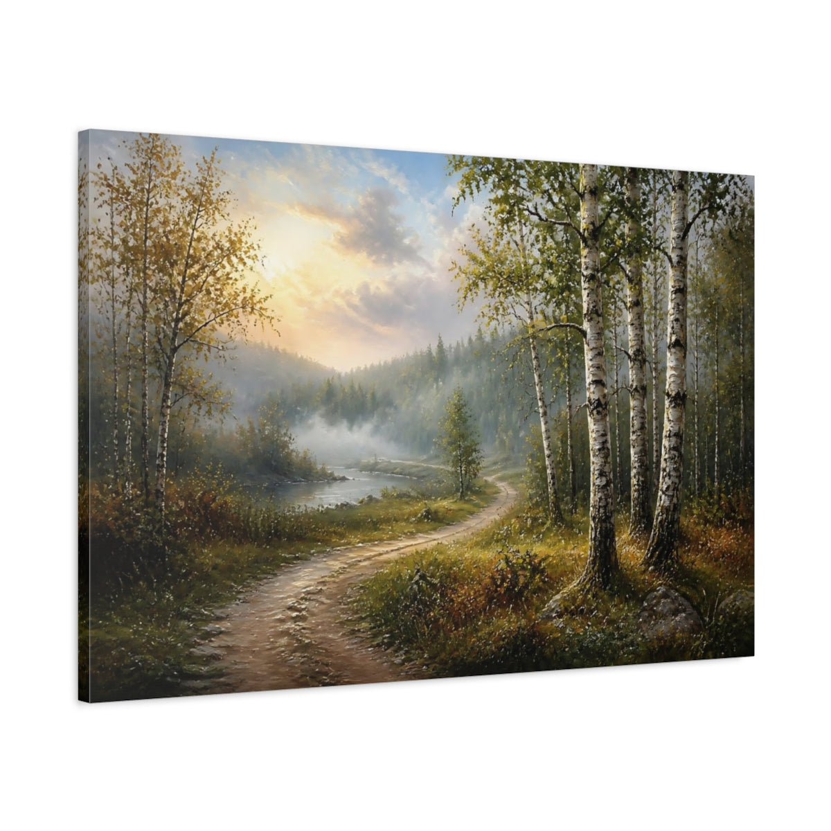 Main Mockup. Nature Birch Forest Forest River Path shown as stretched canvas wall art