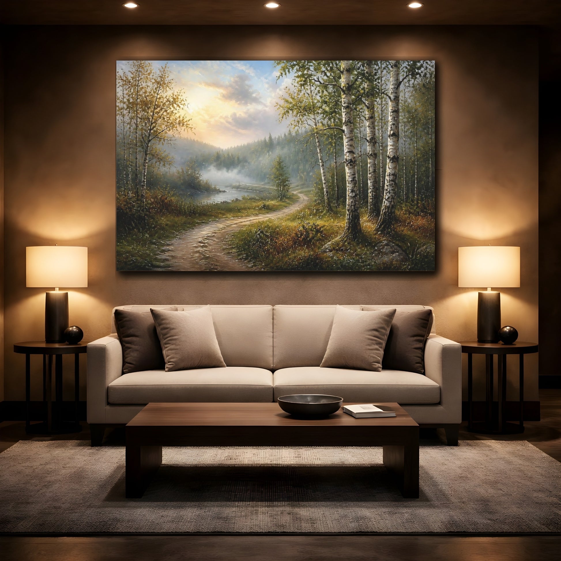 Mockup 2. Nature Birch Forest Forest River Path shown as stretched canvas wall art