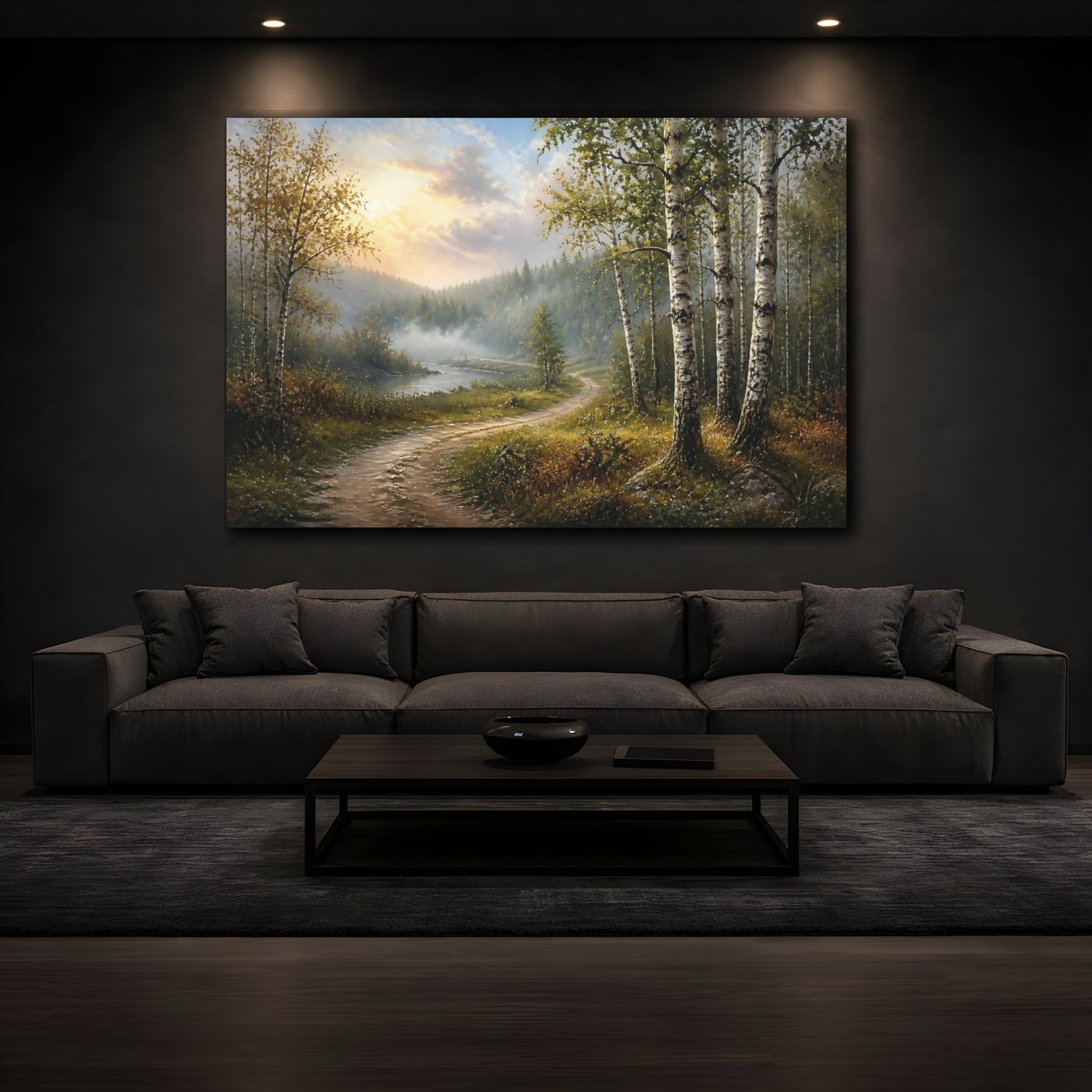 Mockup 3. Nature Birch Forest Forest River Path shown as stretched canvas wall art