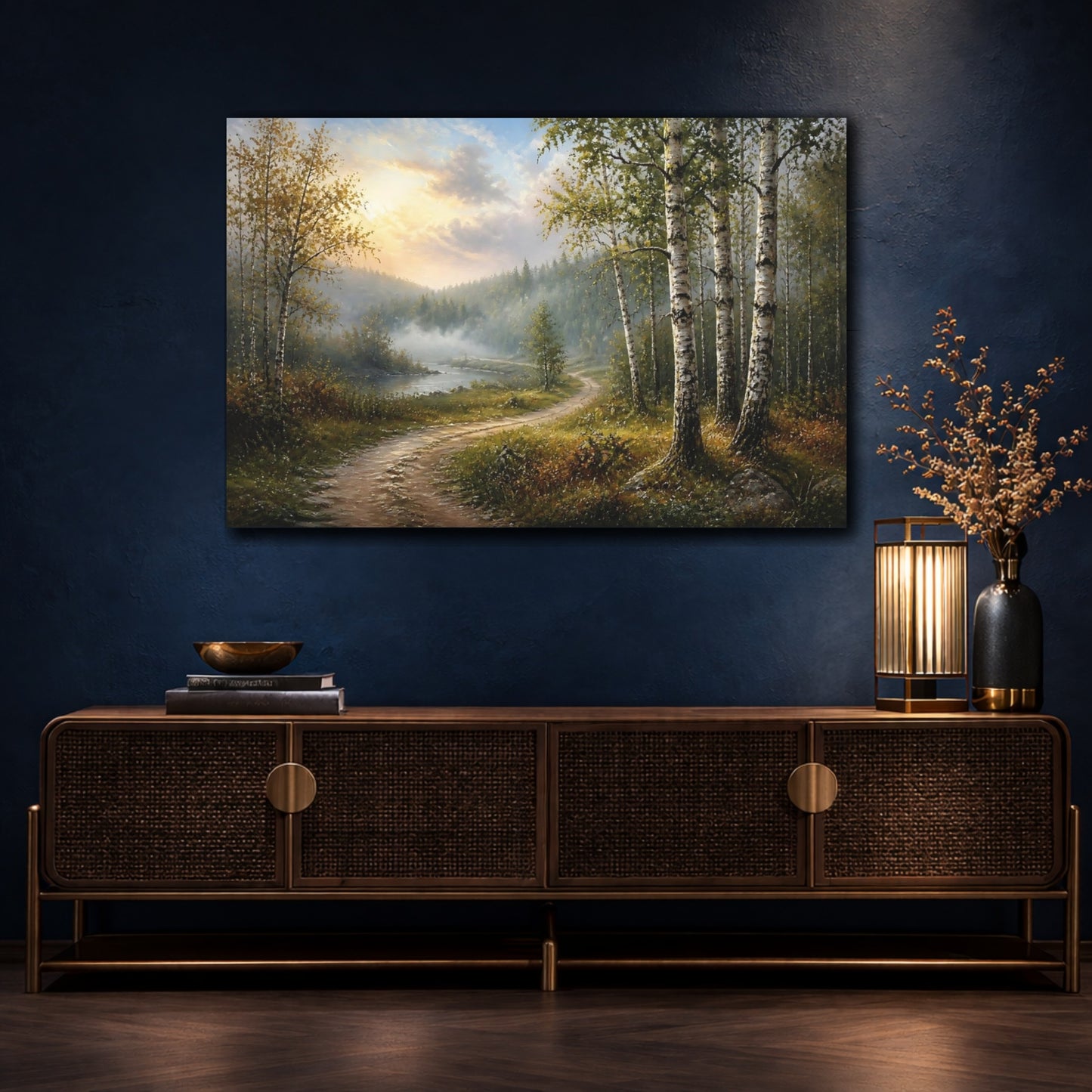 Mockup 4. Nature Birch Forest Forest River Path shown as stretched canvas wall art