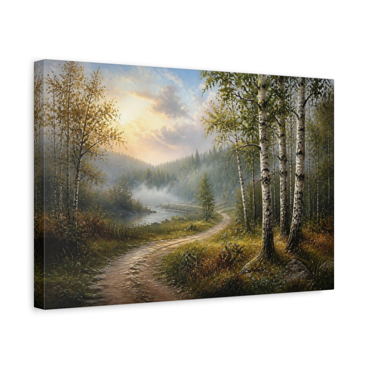 Side Mockup 4. Nature Birch Forest Forest River Path shown as stretched canvas wall art