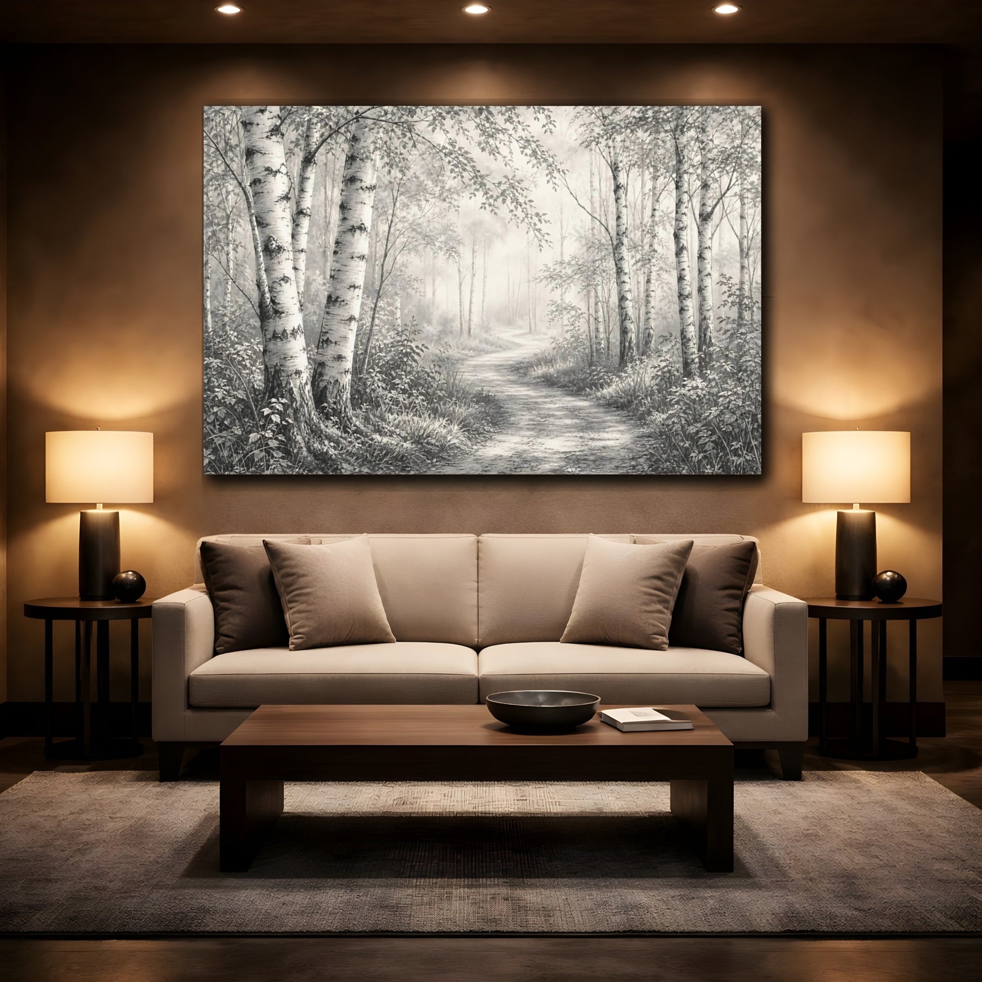 Mockup 2. Nature Birch Trees Birch Forest Monochrome shown as stretched canvas wall art