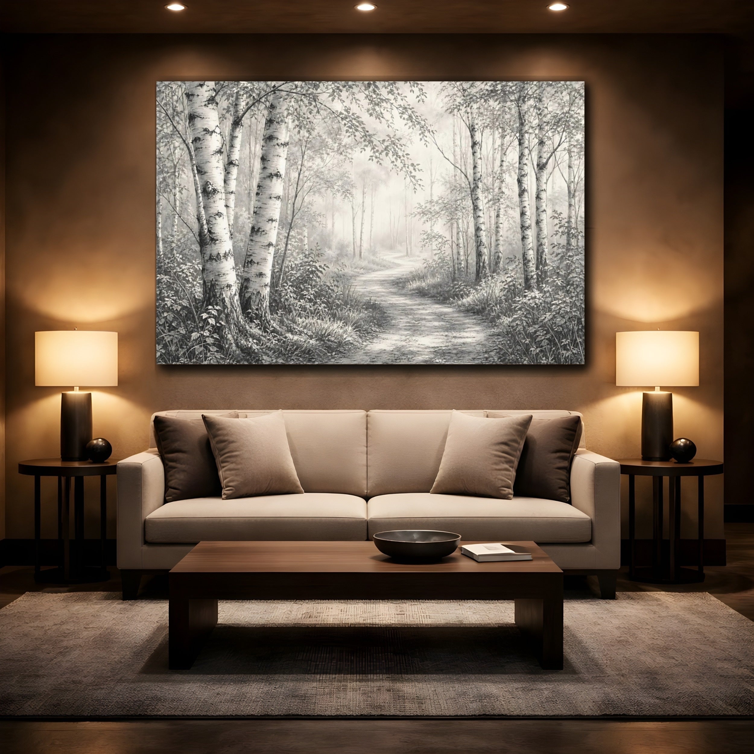 Mockup 2. Nature Birch Trees Birch Forest Monochrome shown as stretched canvas wall art