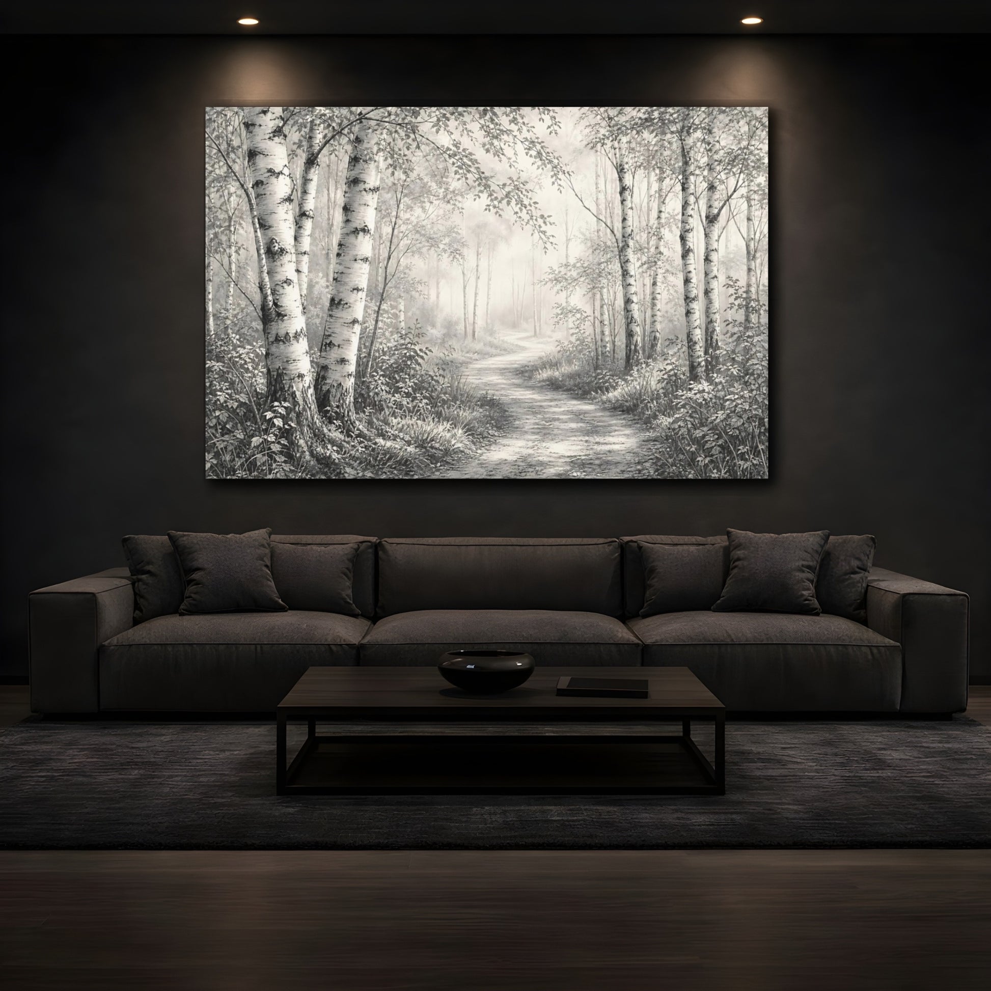 Mockup 3. Nature Birch Trees Birch Forest Monochrome shown as stretched canvas wall art