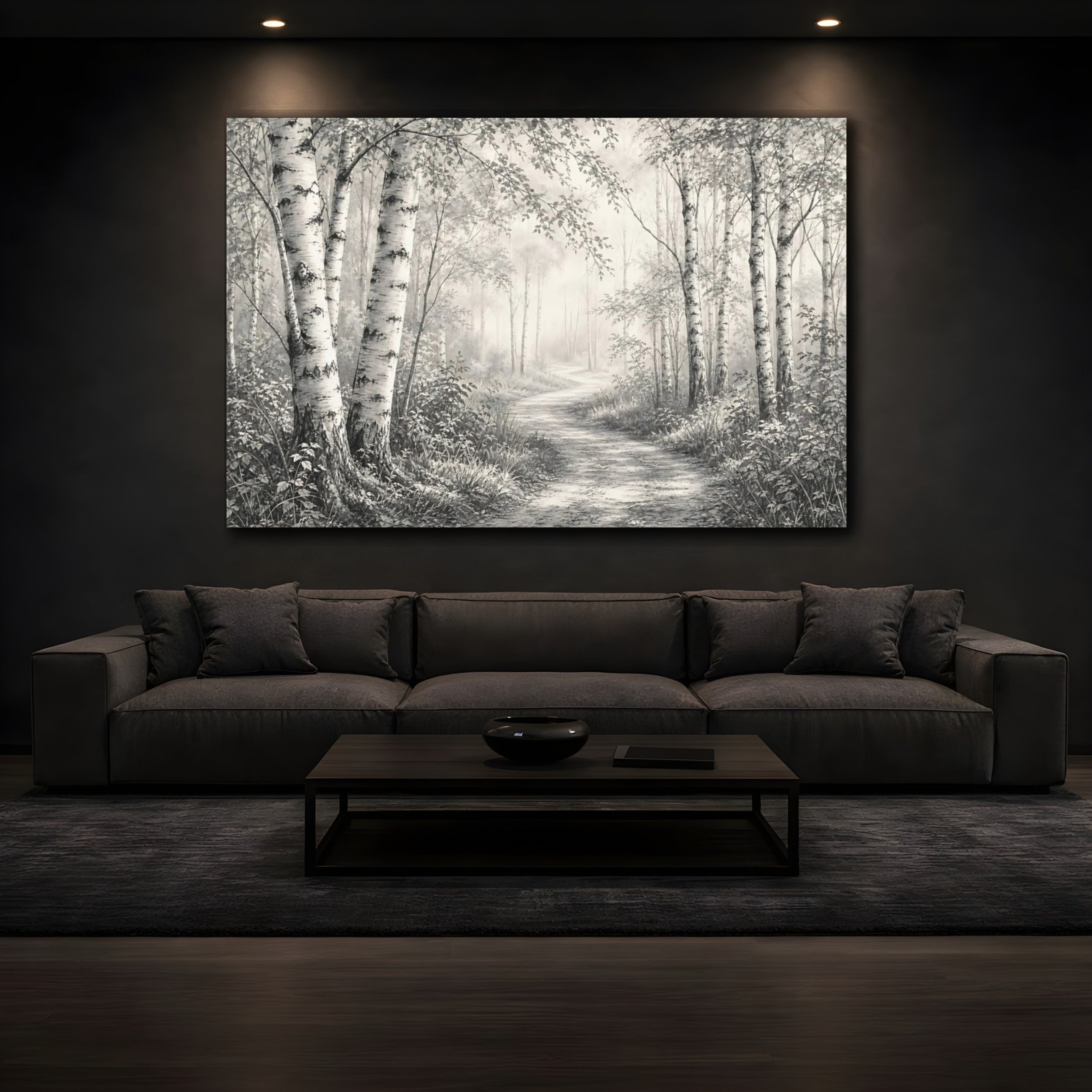 Mockup 3. Nature Birch Trees Birch Forest Monochrome shown as stretched canvas wall art