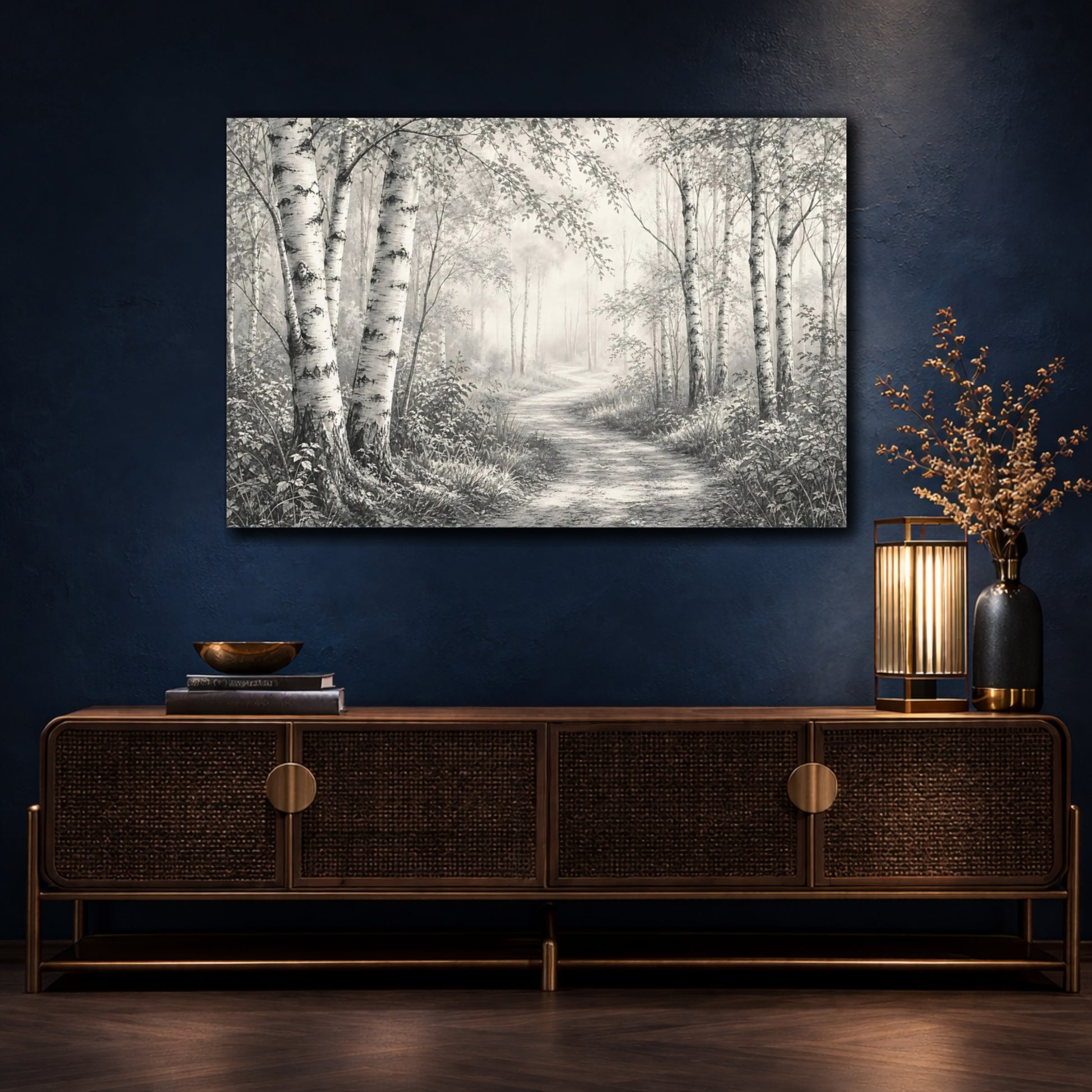 Mockup 4. Nature Birch Trees Birch Forest Monochrome shown as stretched canvas wall art