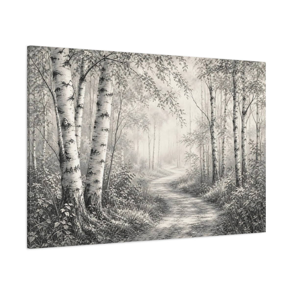Side Mockup 1. Nature Birch Trees Birch Forest Monochrome shown as stretched canvas wall art