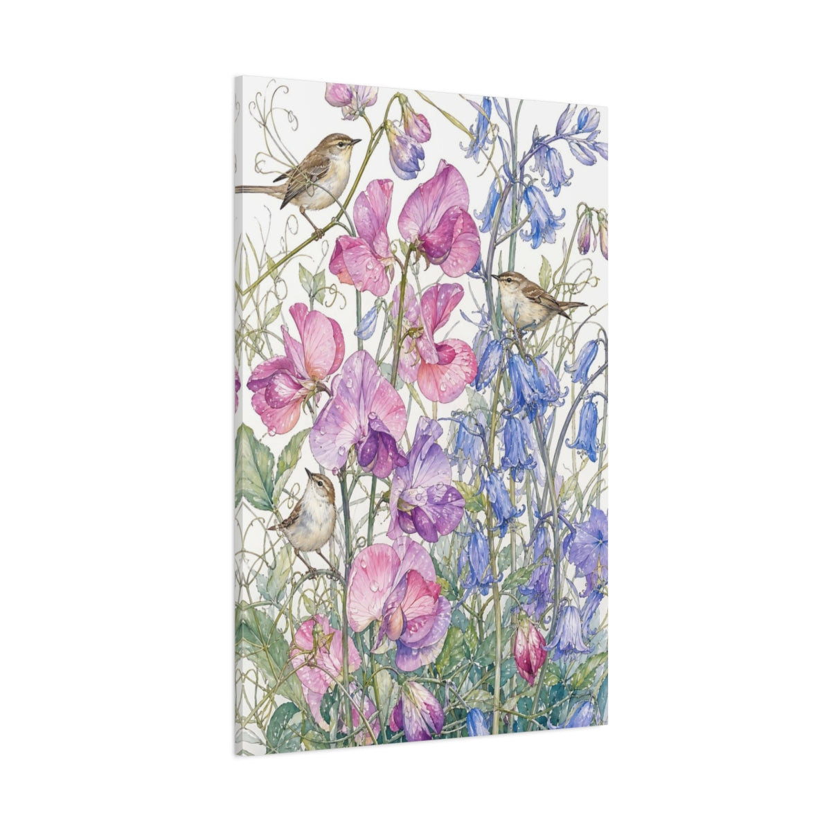 Side Mockup 1. Nature Birds, Flowers Pink Purple Blue Birds shown as stretched canvas wall art