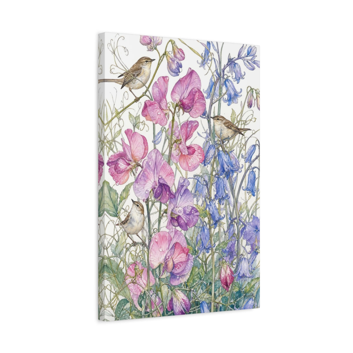 Side Mockup 3. Nature Birds, Flowers Pink Purple Blue Birds shown as stretched canvas wall art
