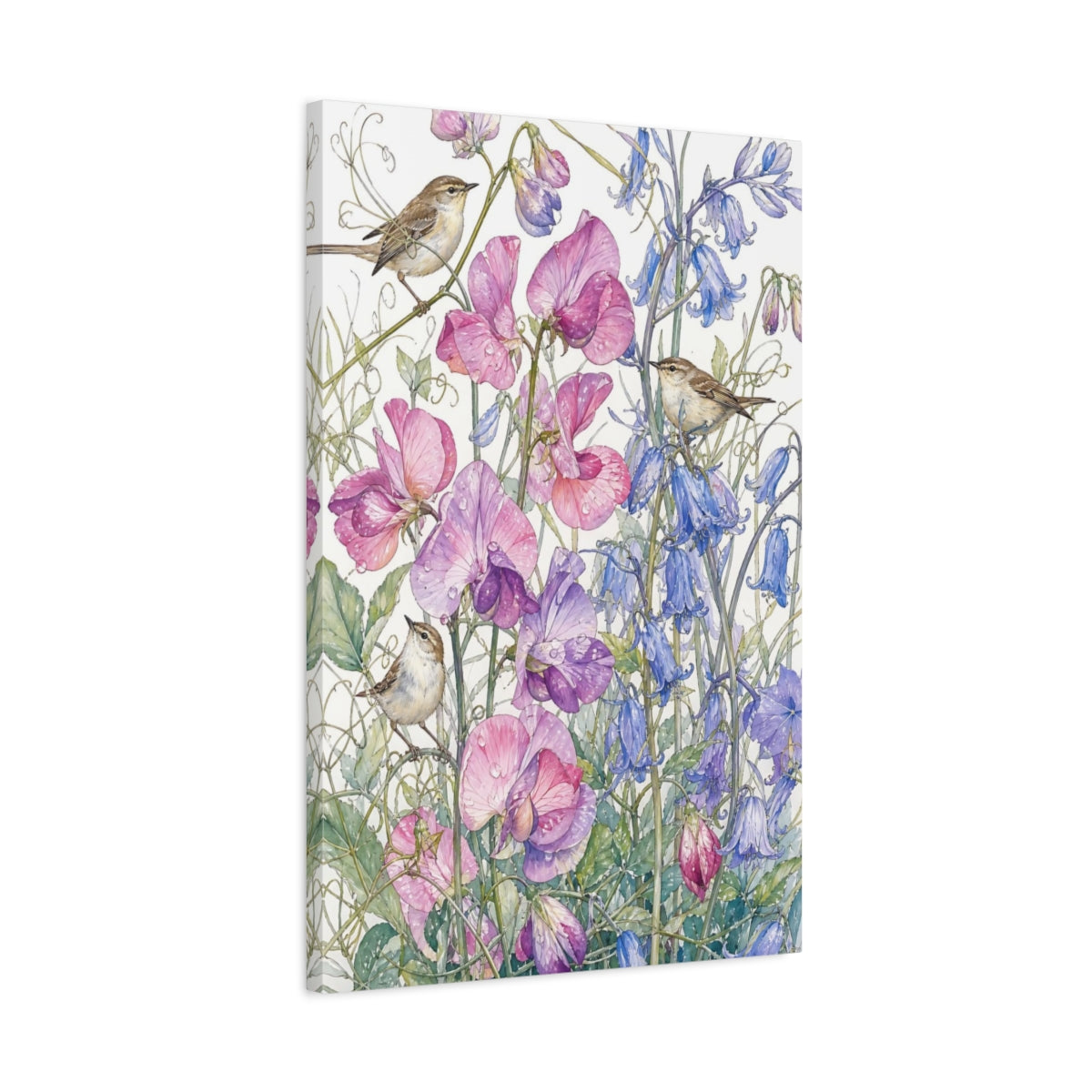 Side Mockup 2. Nature Birds, Flowers Pink Purple Blue Birds shown as stretched canvas wall art