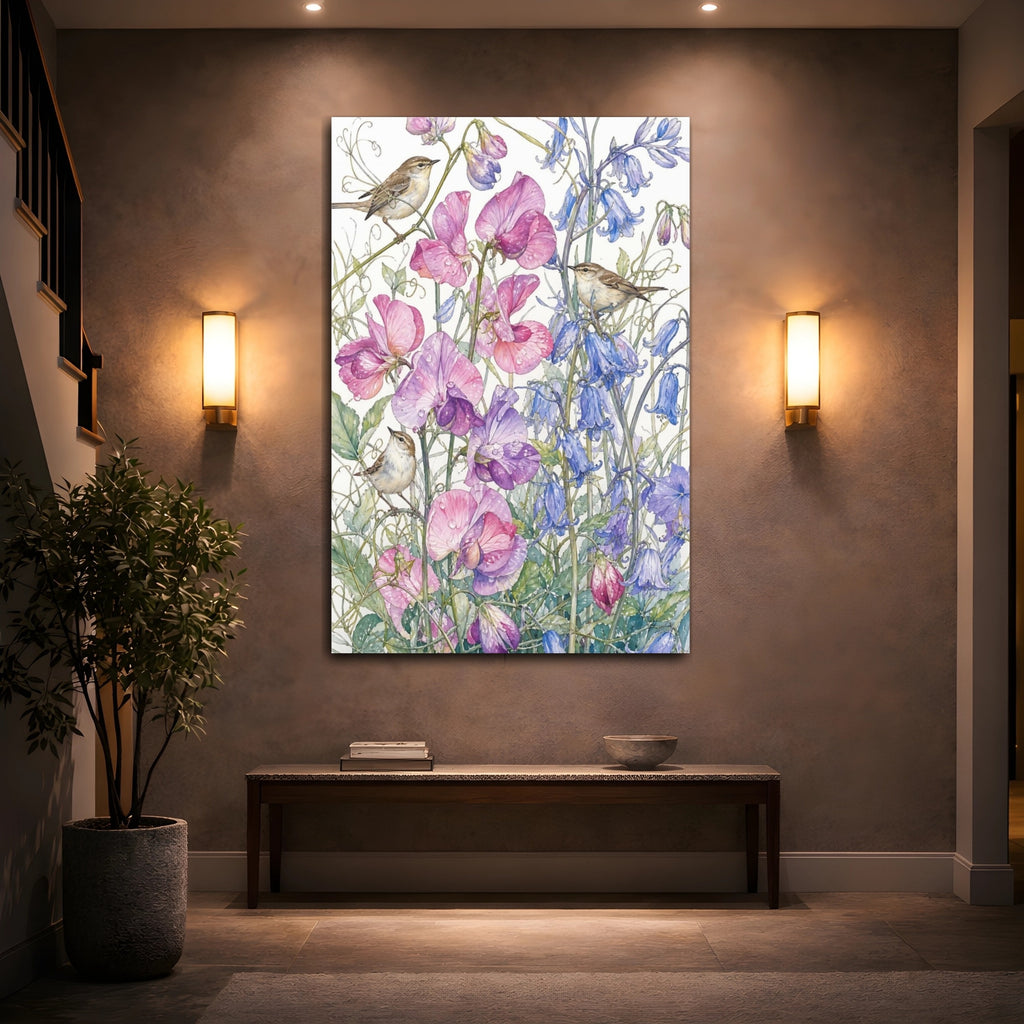 Mockup 2. Nature Birds, Flowers Pink Purple Blue Birds shown as stretched canvas wall art