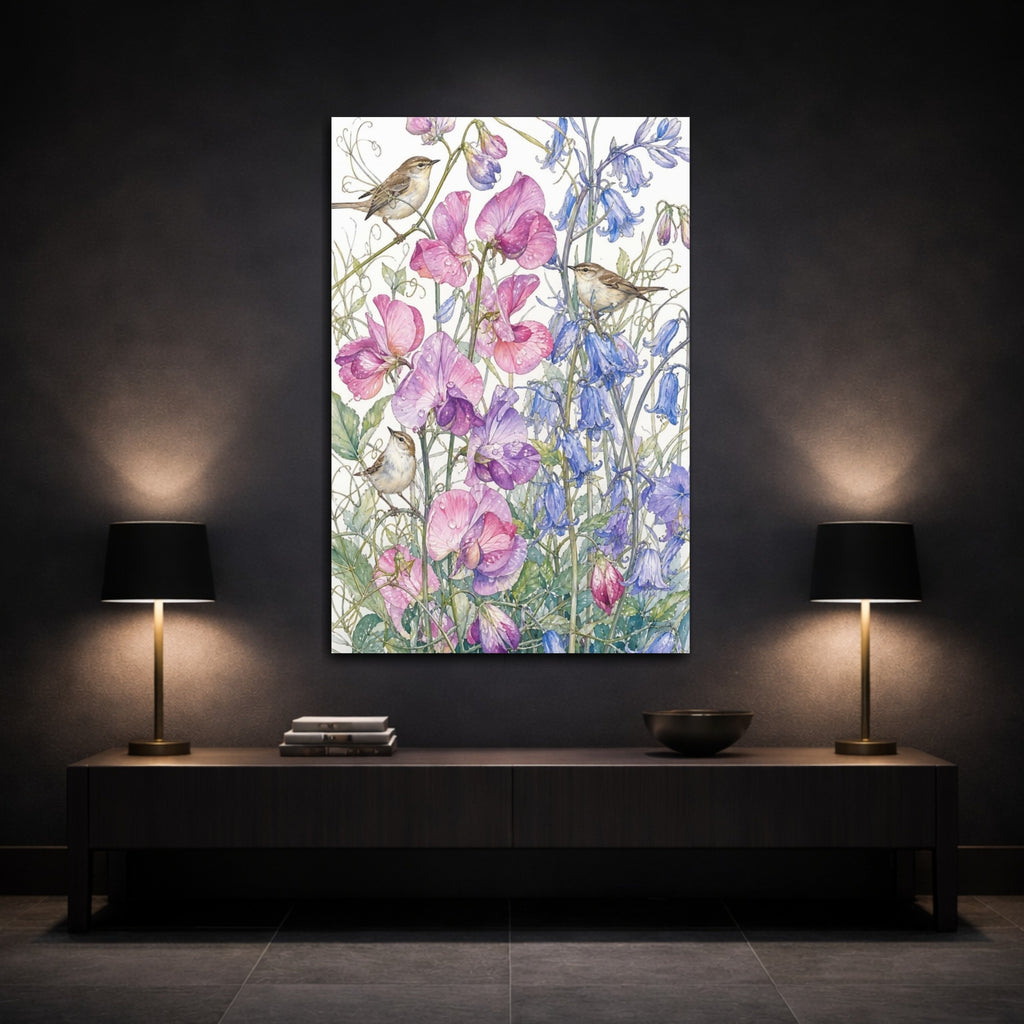 Mockup 3. Nature Birds, Flowers Pink Purple Blue Birds shown as stretched canvas wall art