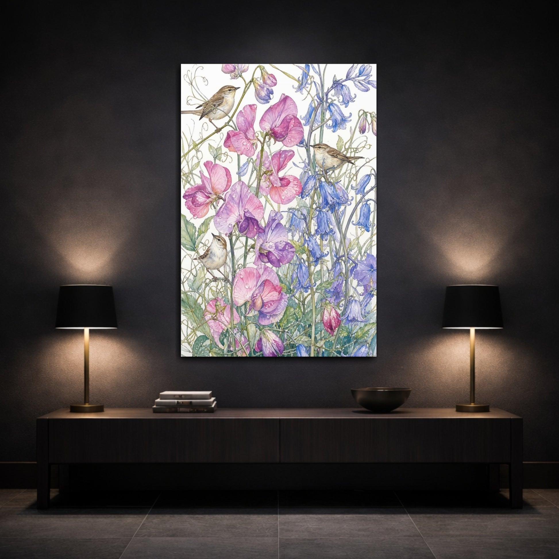 Mockup 3. Nature Birds, Flowers Pink Purple Blue Birds shown as stretched canvas wall art