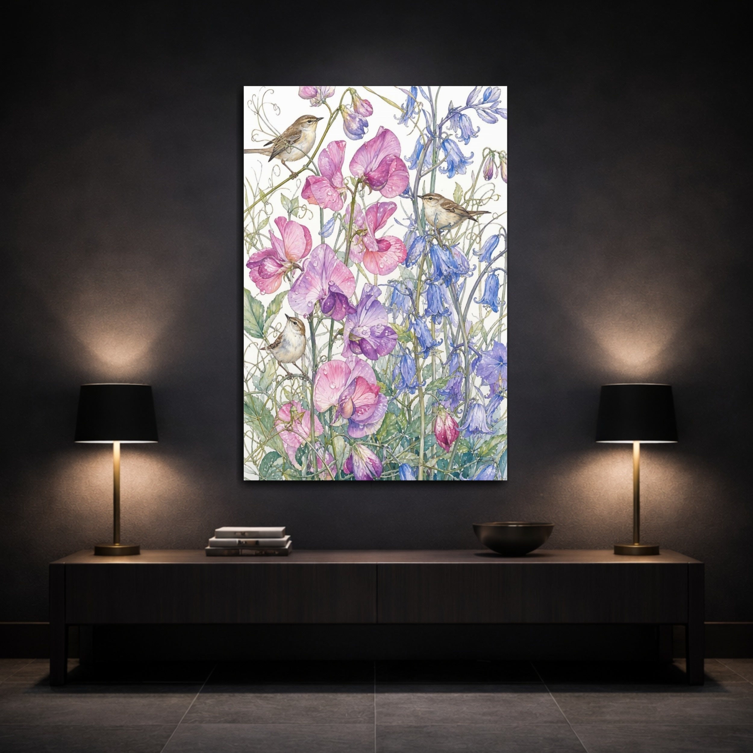 Mockup 3. Nature Birds, Flowers Pink Purple Blue Birds shown as stretched canvas wall art