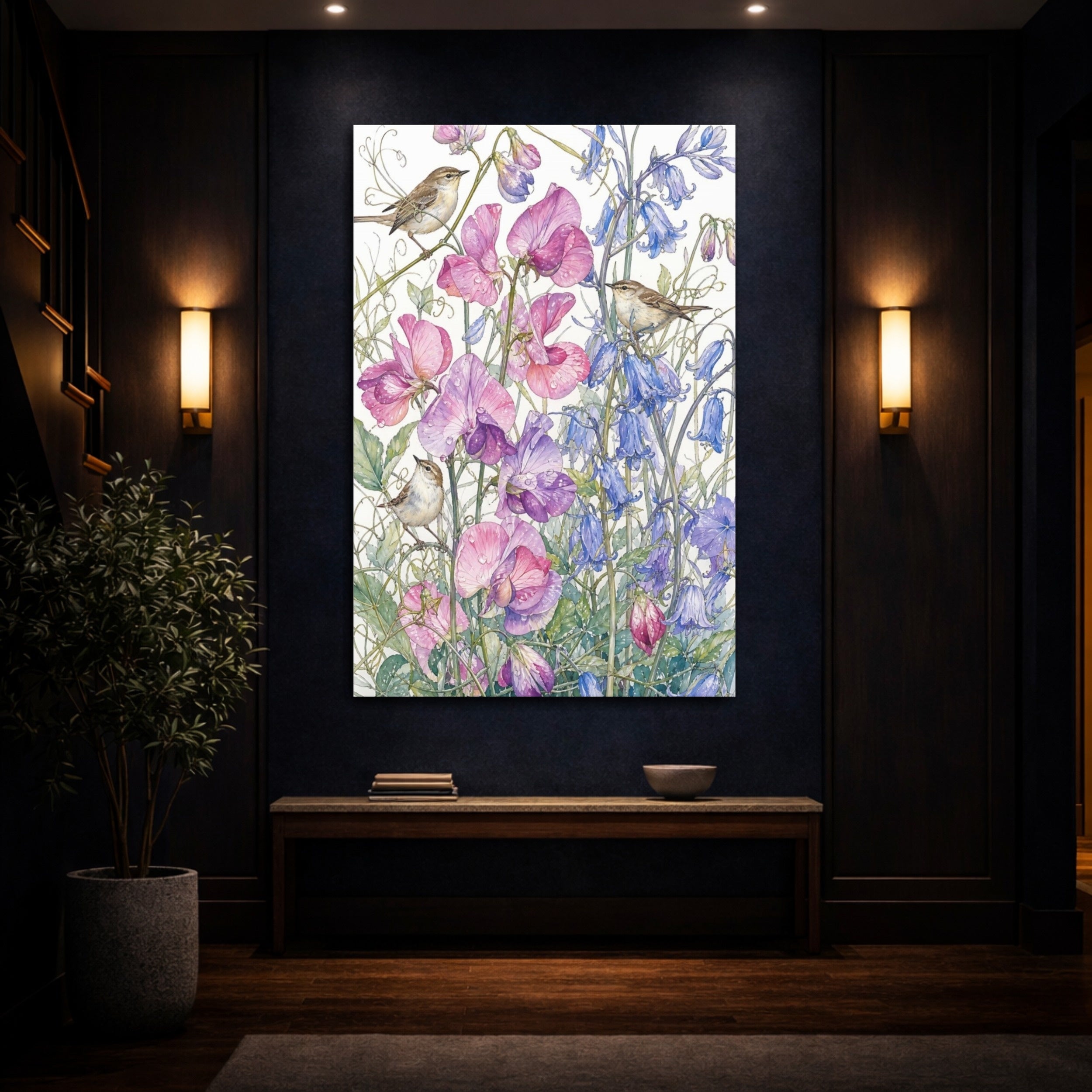 Mockup 4. Nature Birds, Flowers Pink Purple Blue Birds shown as stretched canvas wall art