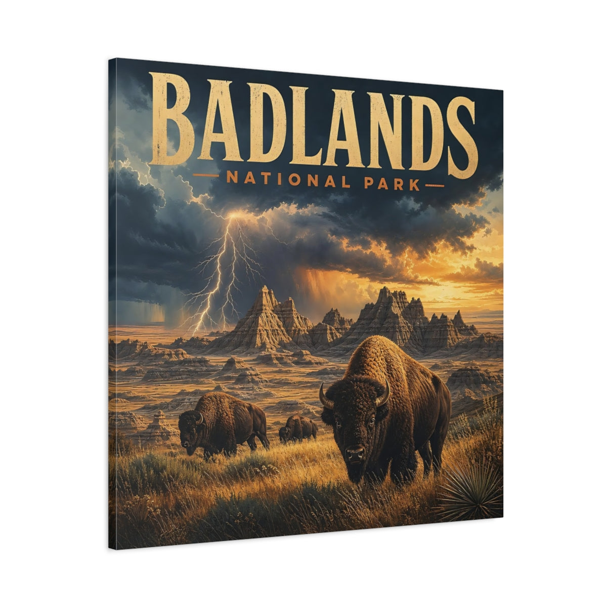 Main Mockup. Nature Bison Herd Brown And Gold shown as stretched canvas wall art