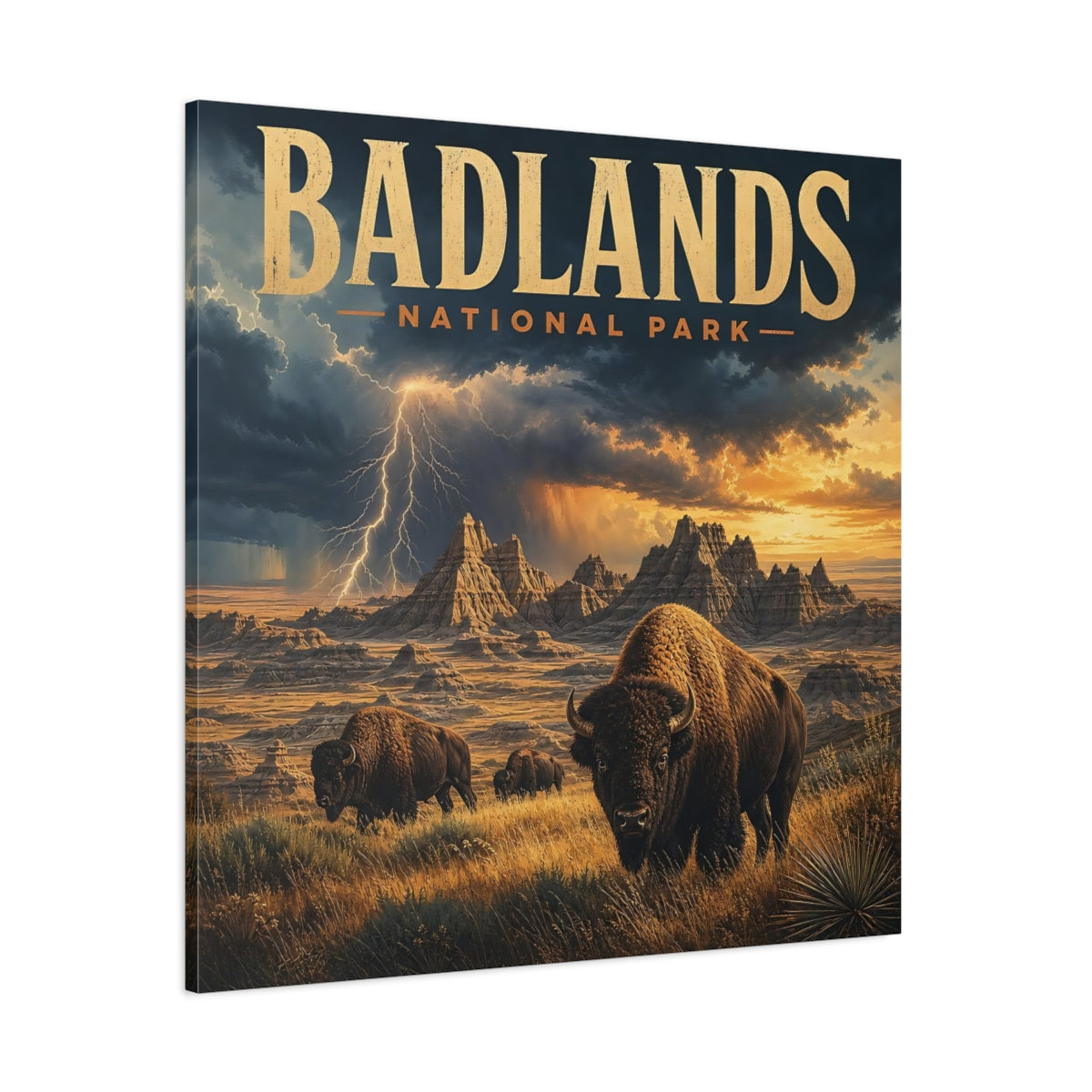 Side Mockup 1. Nature Bison Herd Brown And Gold shown as stretched canvas wall art