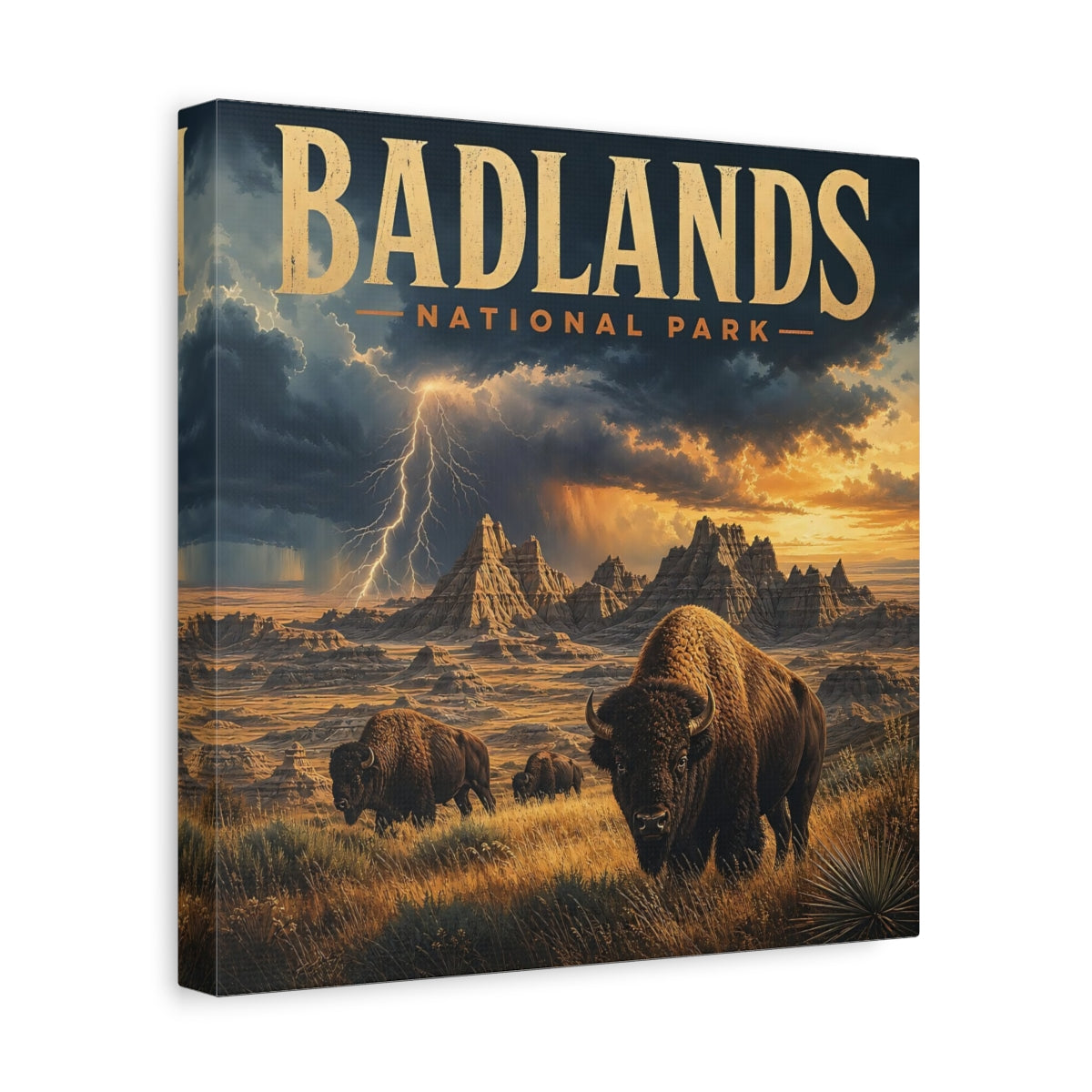 Side Mockup 8. Nature Bison Herd Brown And Gold shown as stretched canvas wall art