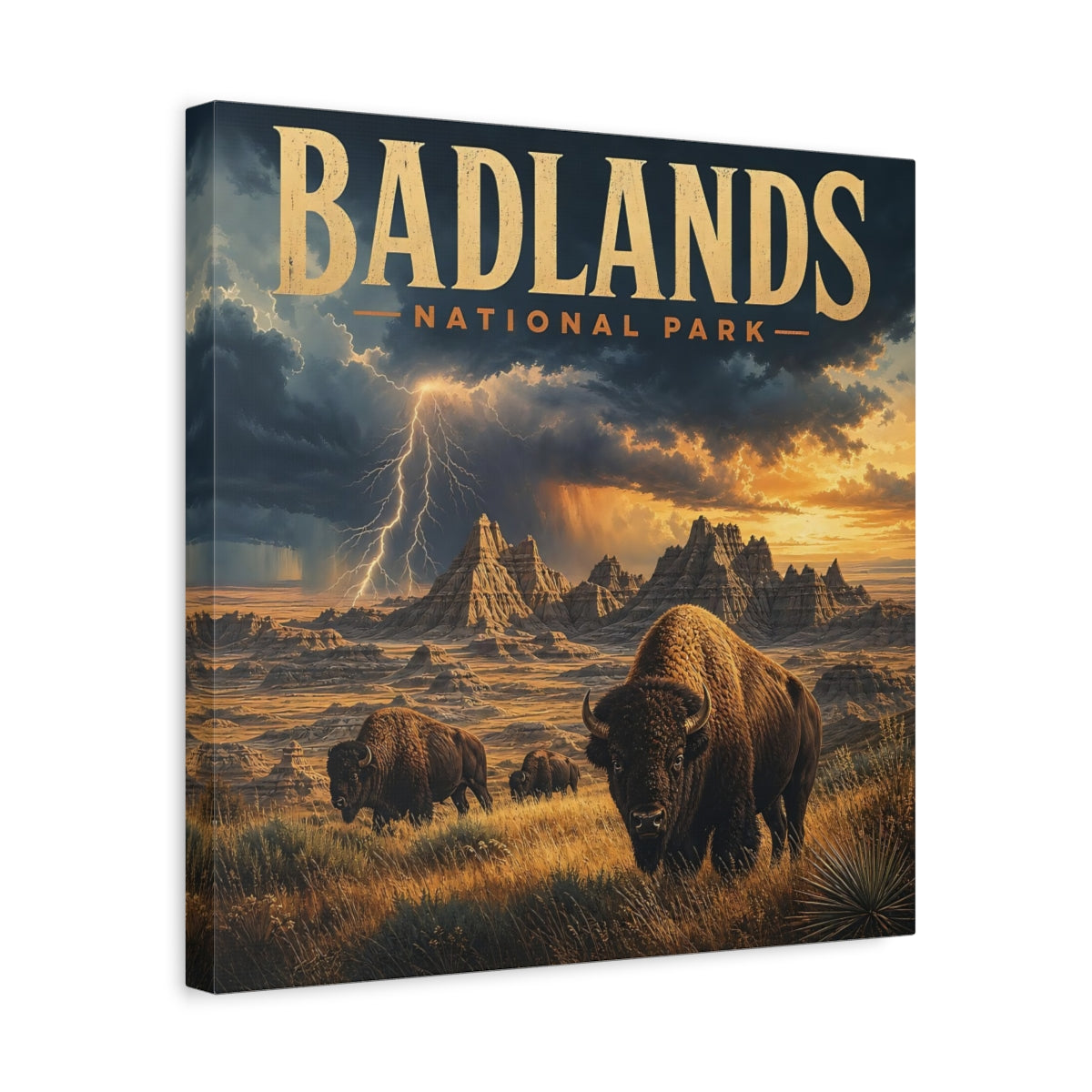 Side Mockup 6. Nature Bison Herd Brown And Gold shown as stretched canvas wall art