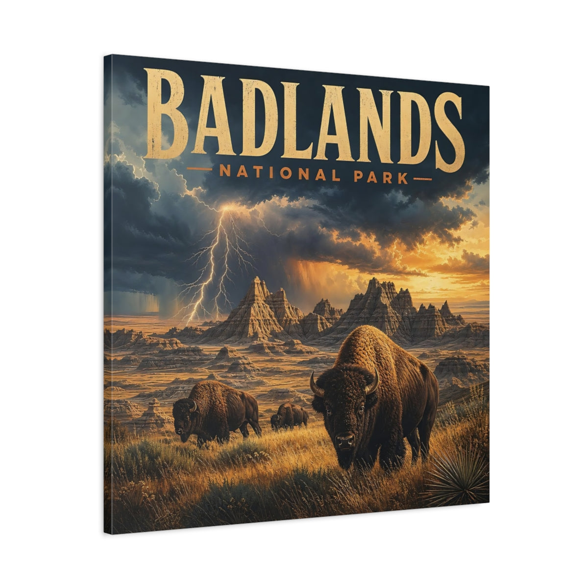 Side Mockup 3. Nature Bison Herd Brown And Gold shown as stretched canvas wall art