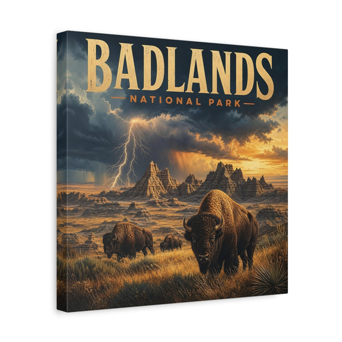 Side Mockup 7. Nature Bison Herd Brown And Gold shown as stretched canvas wall art