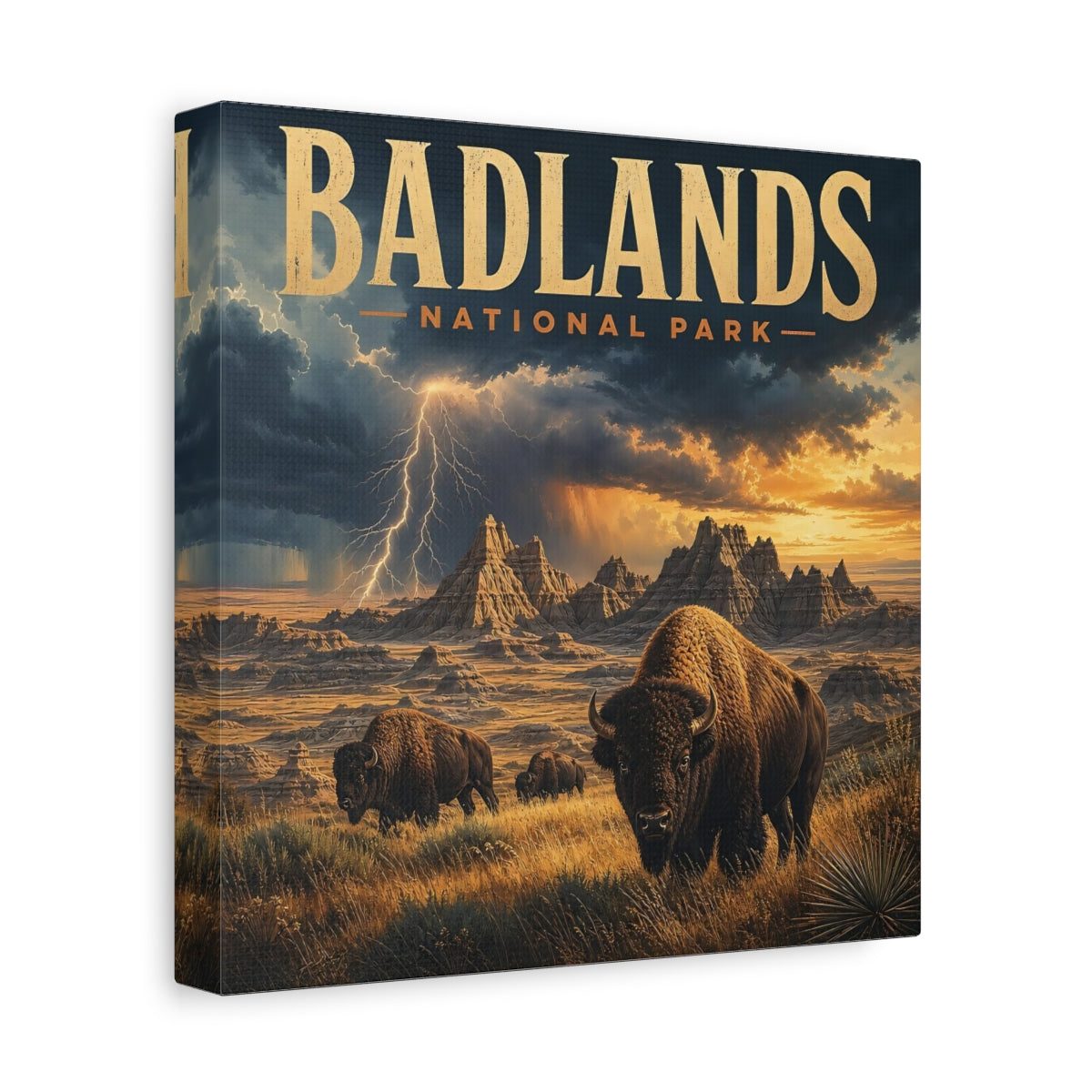 Side Mockup 9. Nature Bison Herd Brown And Gold shown as stretched canvas wall art