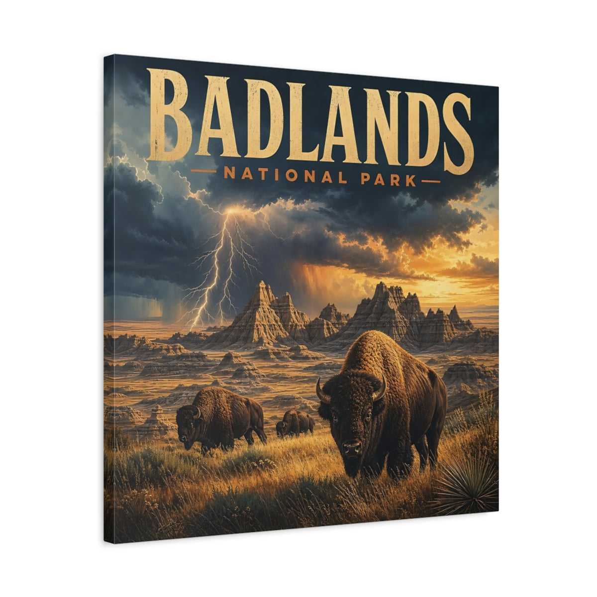 Side Mockup 4. Nature Bison Herd Brown And Gold shown as stretched canvas wall art