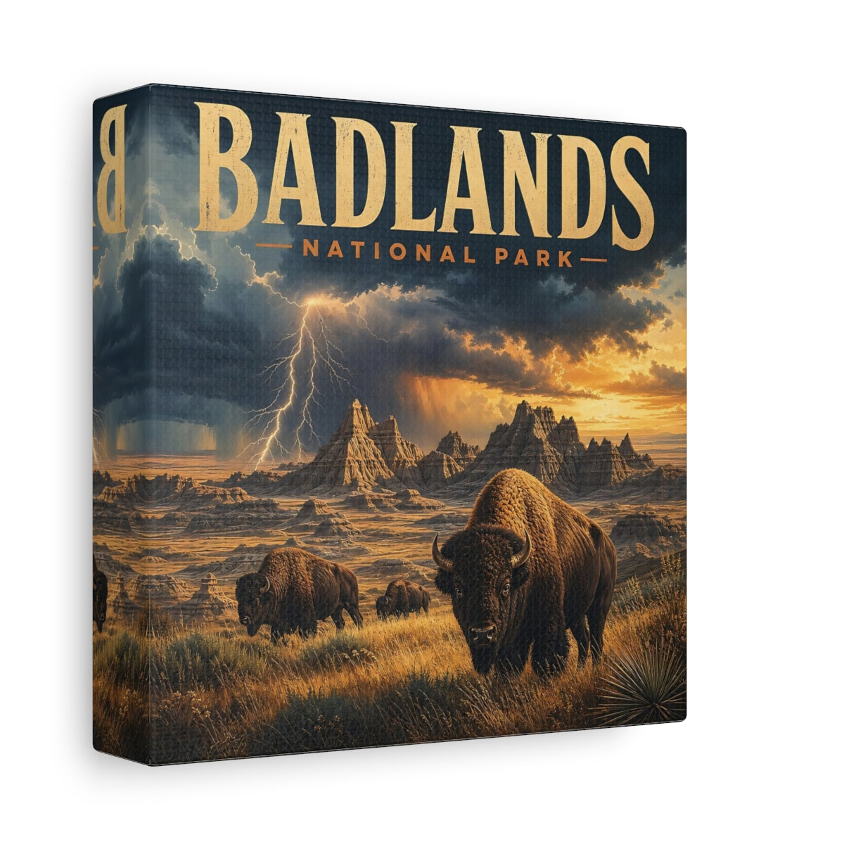 Side Mockup 2. Nature Bison Herd Brown And Gold shown as stretched canvas wall art