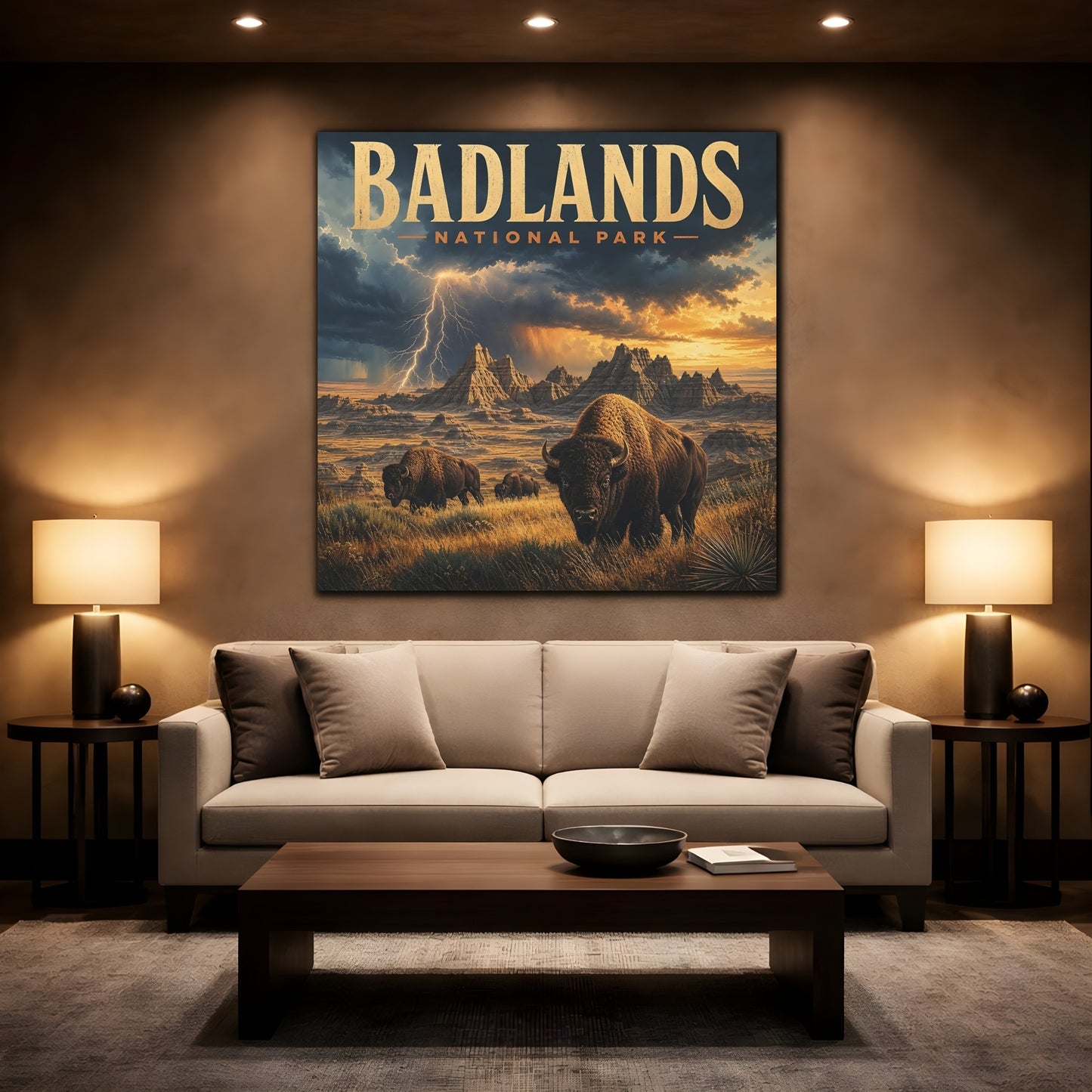 Mockup 2. Nature Bison Herd Brown And Gold shown as stretched canvas wall art