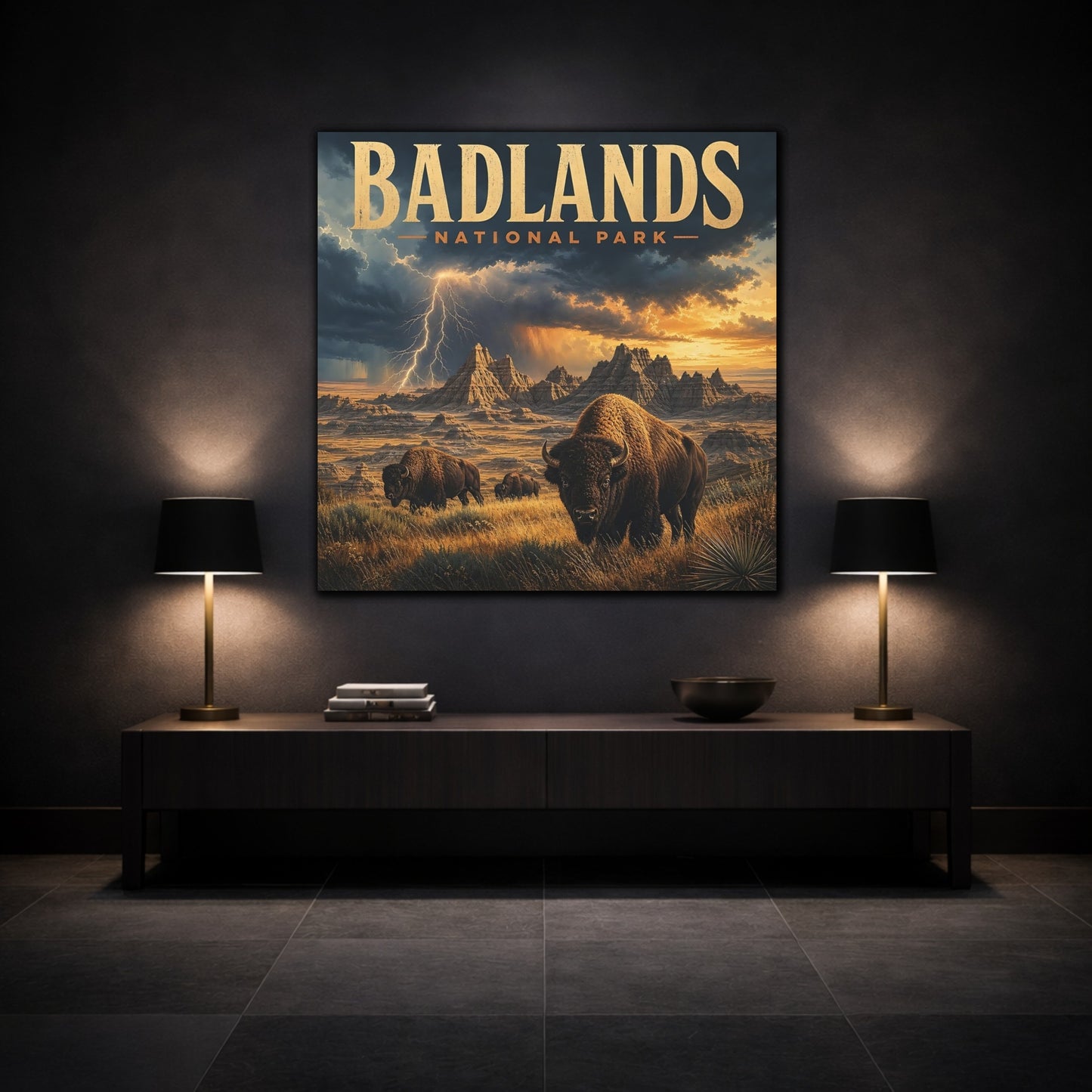 Mockup 3. Nature Bison Herd Brown And Gold shown as stretched canvas wall art