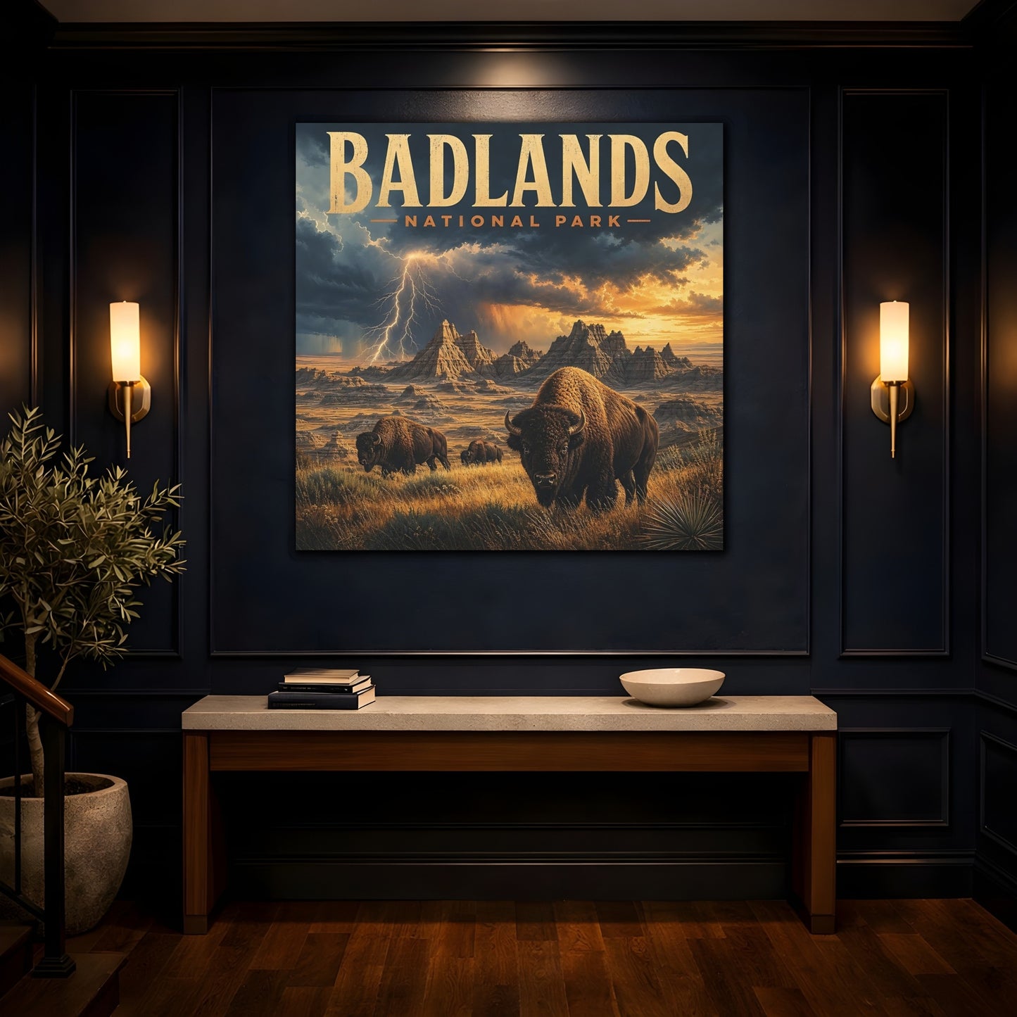 Mockup 4. Nature Bison Herd Brown And Gold shown as stretched canvas wall art