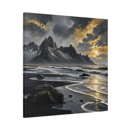 Main Mockup. Nature Black Beach Black Gold Landscape shown as stretched canvas wall art