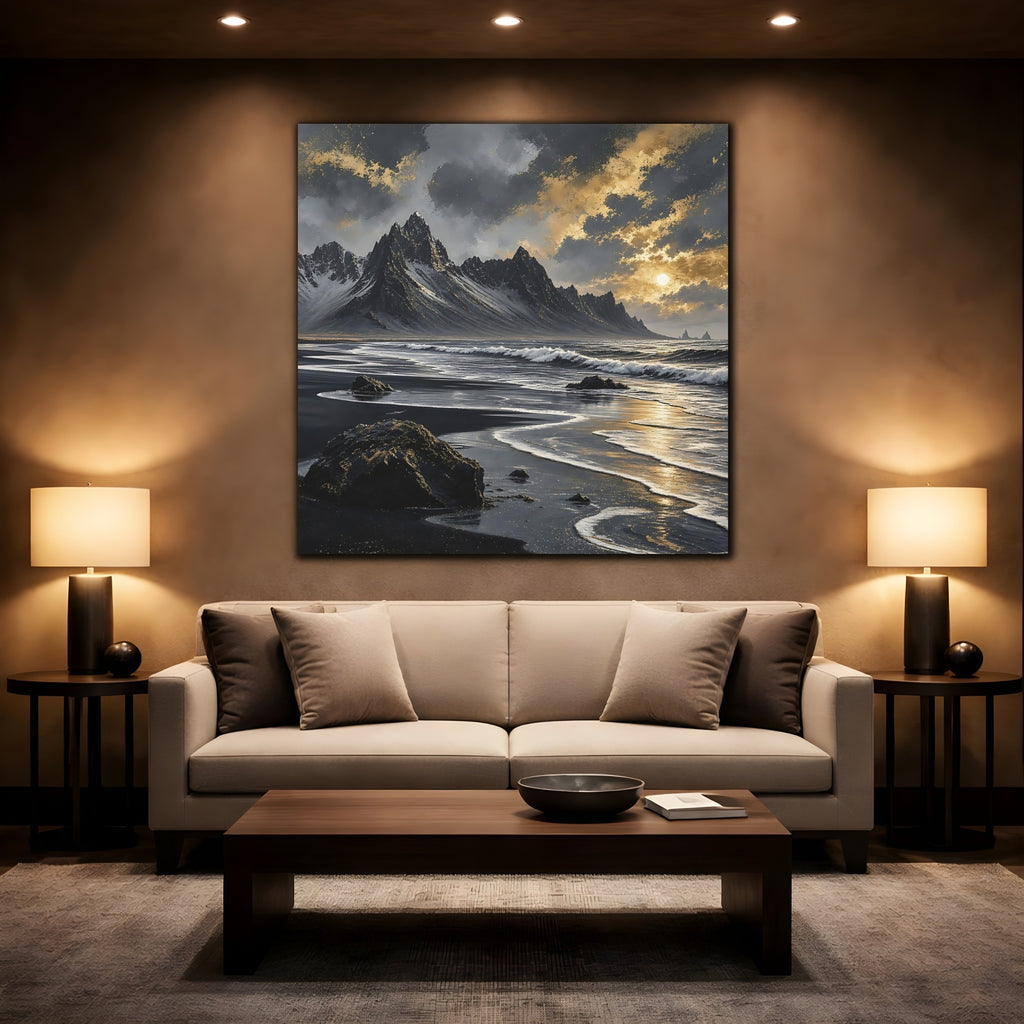 Mockup 2. Nature Black Beach Black Gold Landscape shown as stretched canvas wall art
