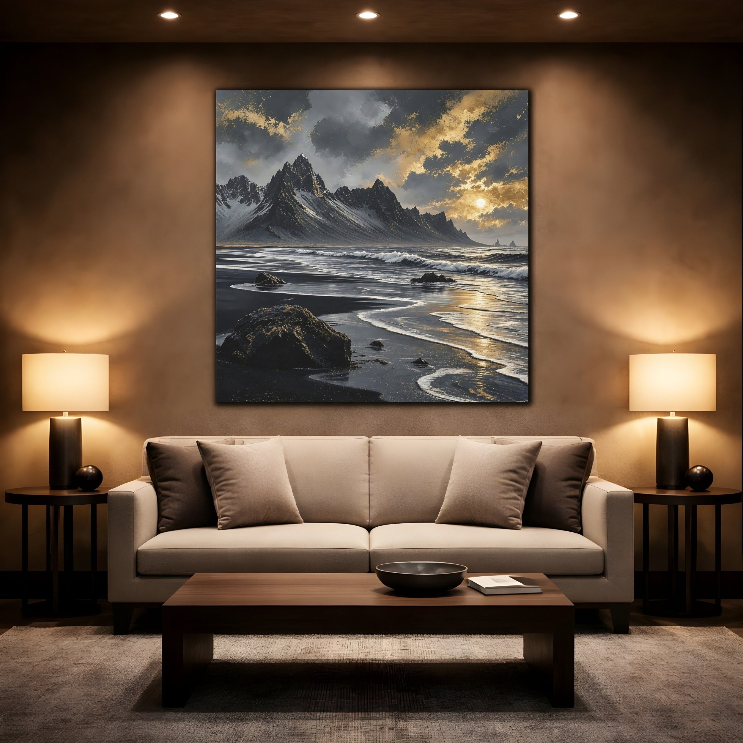 Mockup 2. Nature Black Beach Black Gold Landscape shown as stretched canvas wall art