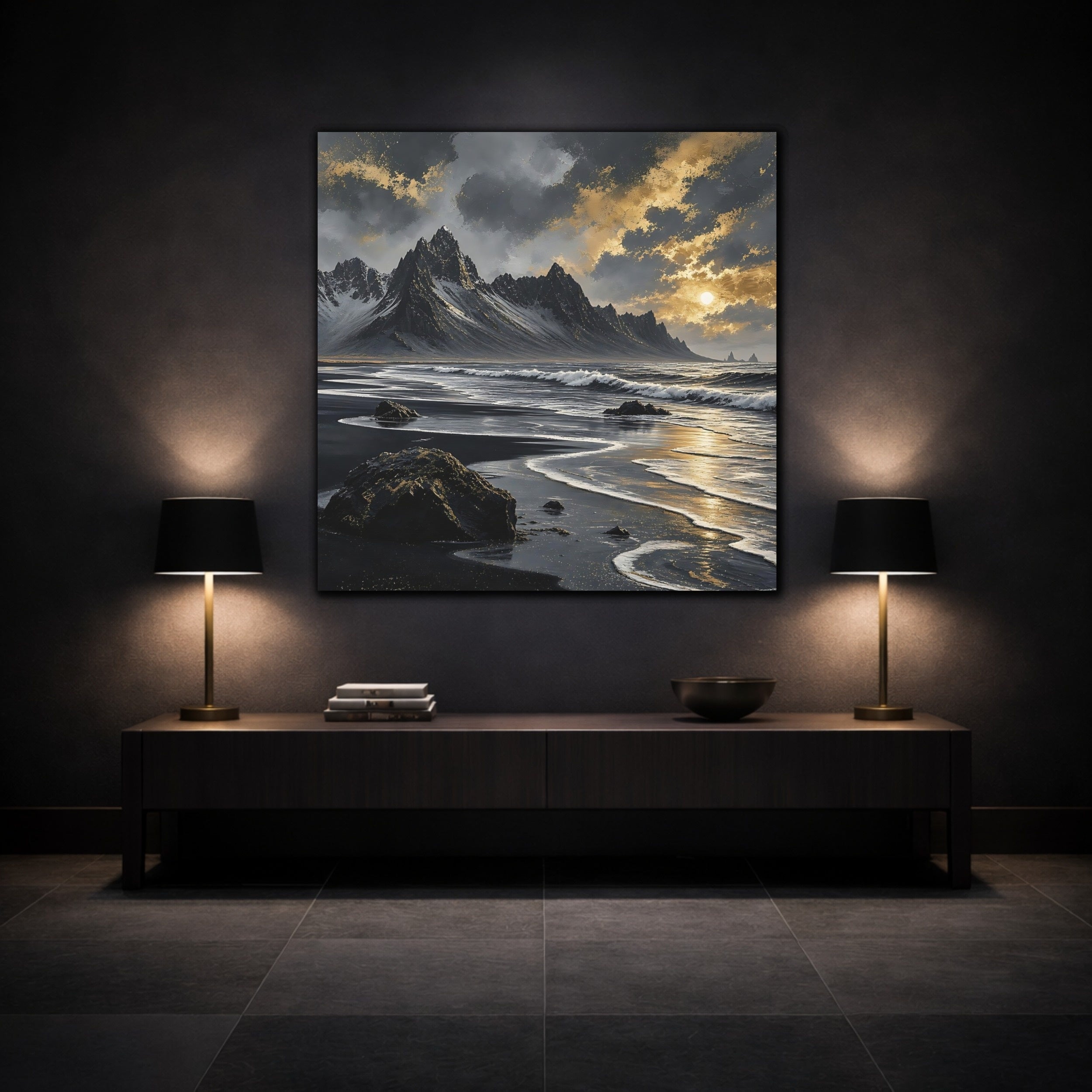 Mockup 3. Nature Black Beach Black Gold Landscape shown as stretched canvas wall art