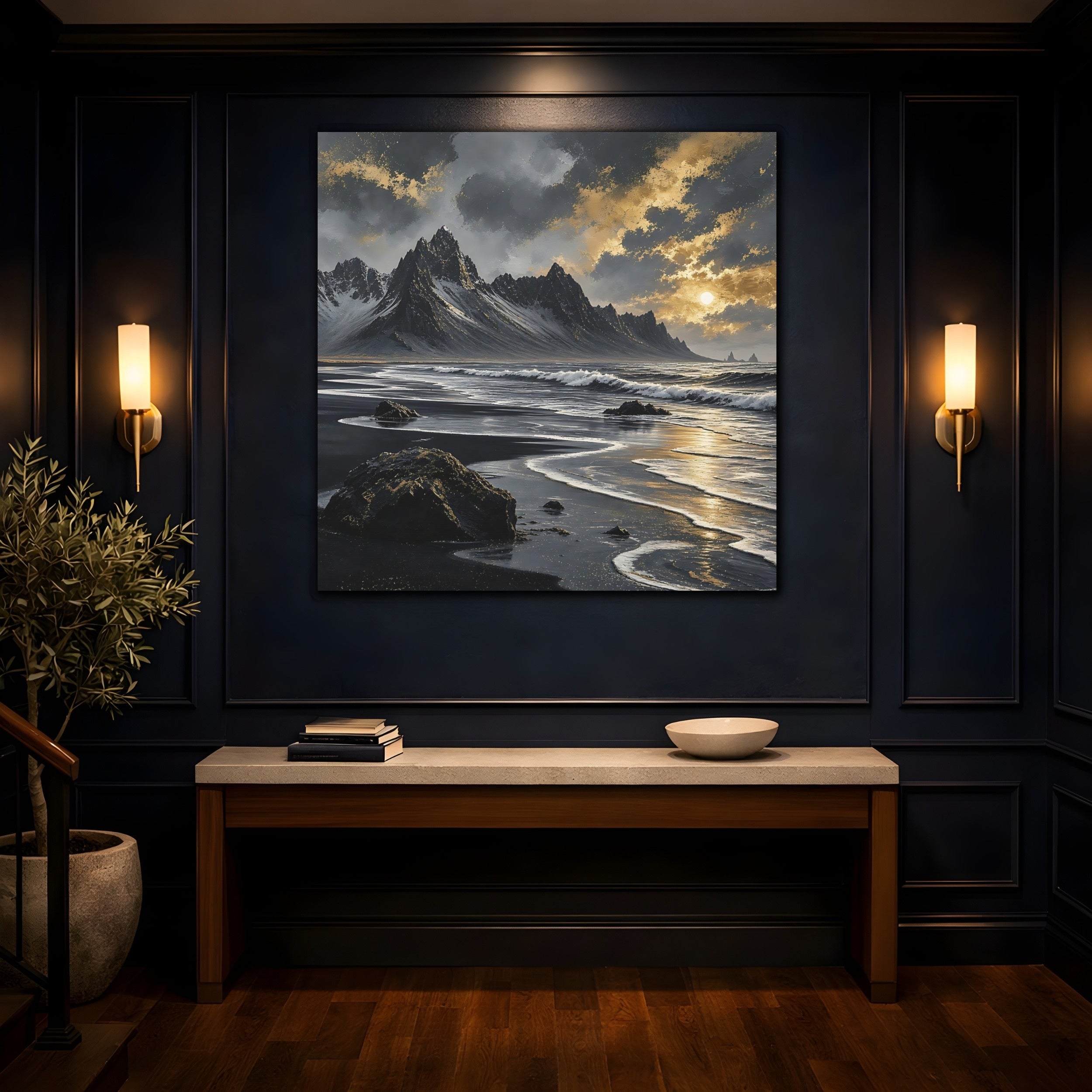 Mockup 4. Nature Black Beach Black Gold Landscape shown as stretched canvas wall art