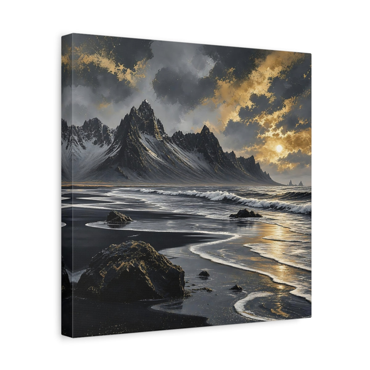 Side Mockup 7. Nature Black Beach Black Gold Landscape shown as stretched canvas wall art