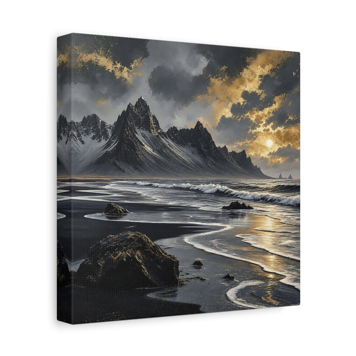 Side Mockup 9. Nature Black Beach Black Gold Landscape shown as stretched canvas wall art