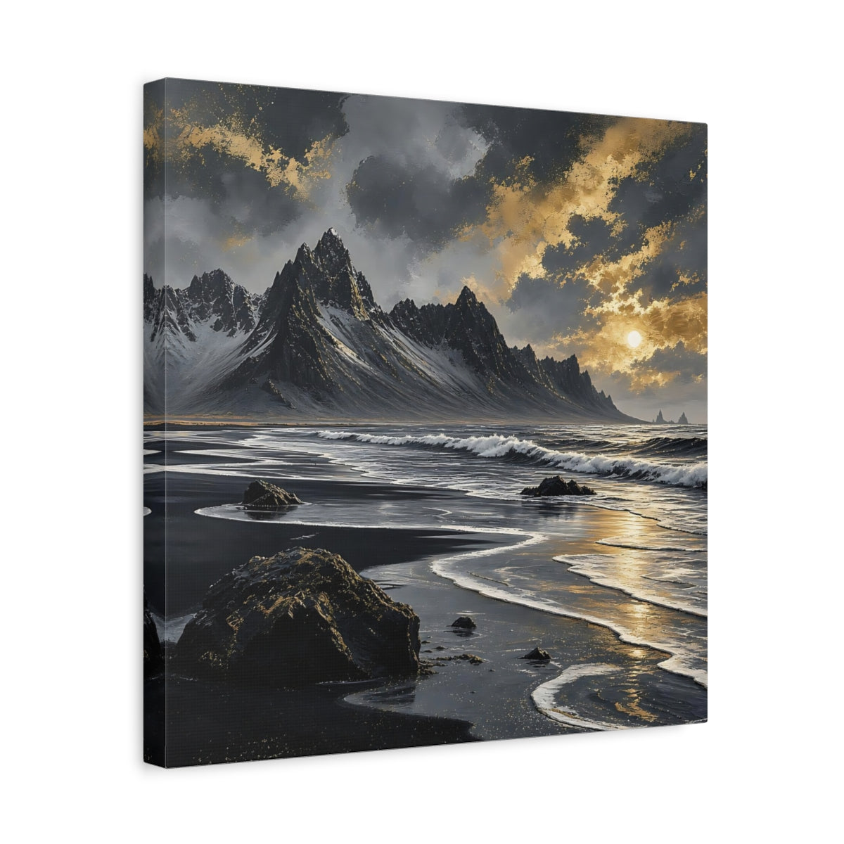 Side Mockup 6. Nature Black Beach Black Gold Landscape shown as stretched canvas wall art