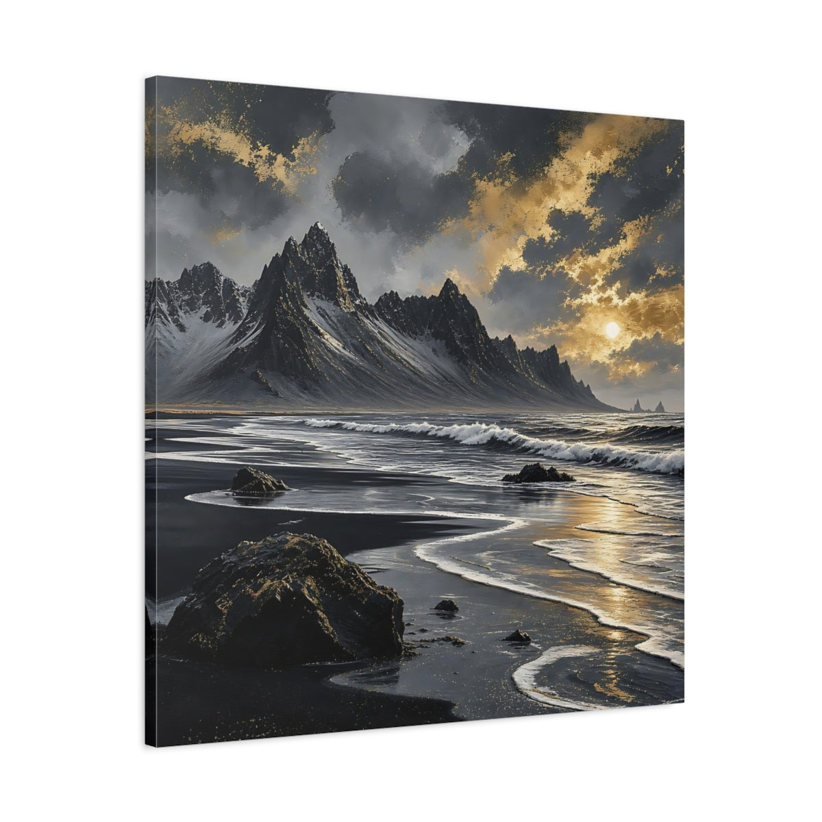 Side Mockup 3. Nature Black Beach Black Gold Landscape shown as stretched canvas wall art