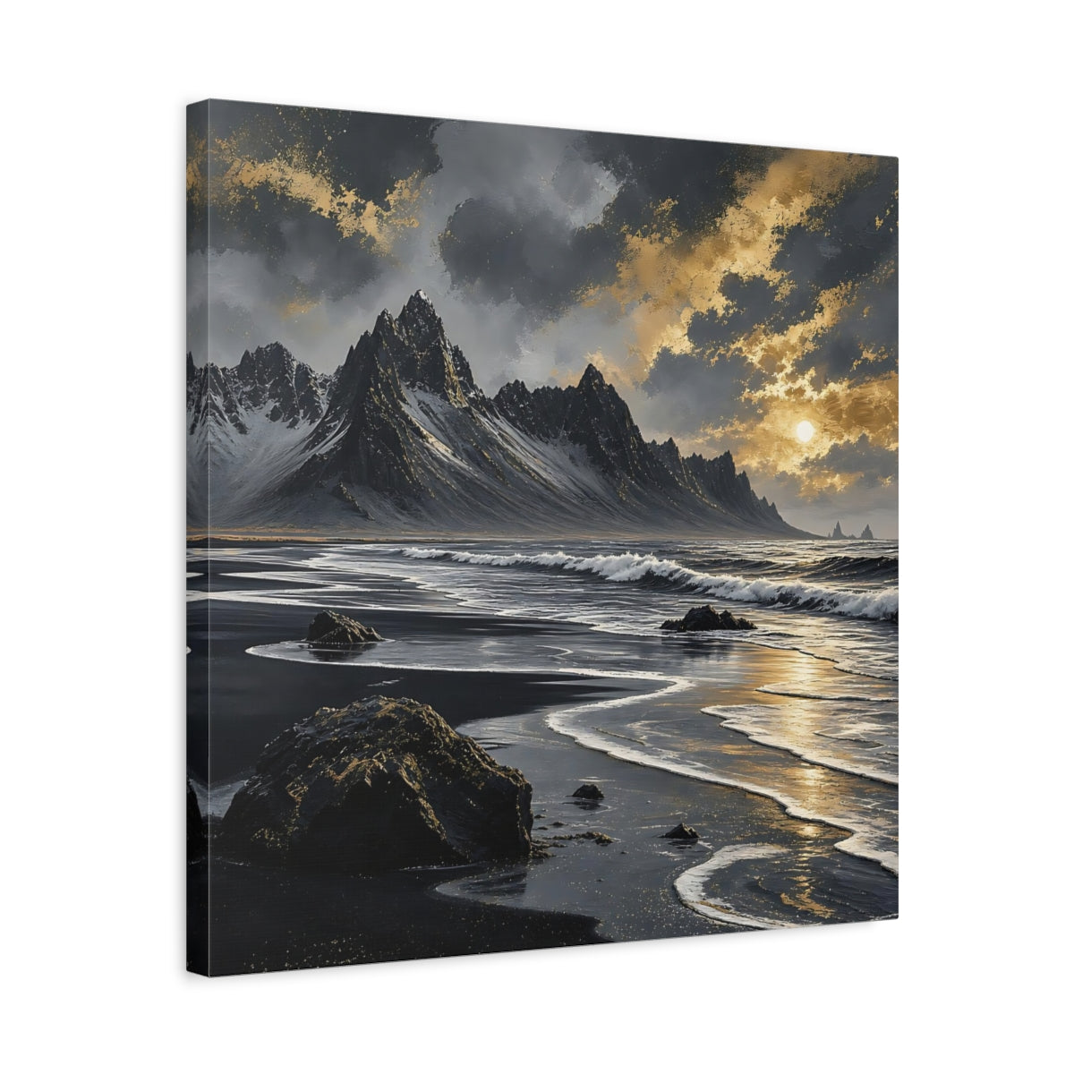 Side Mockup 5. Nature Black Beach Black Gold Landscape shown as stretched canvas wall art